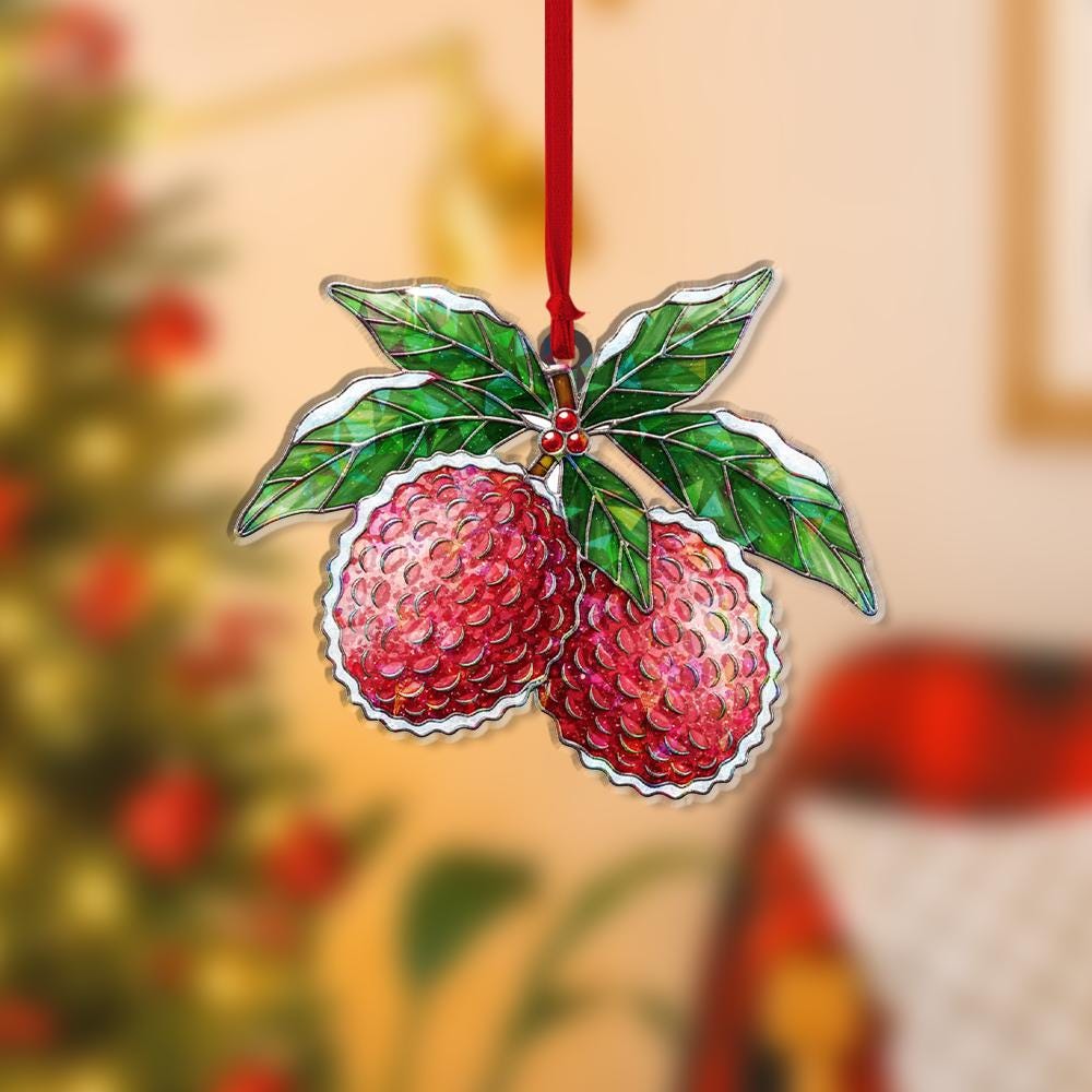 Lychee Hologram Ornament – Holiday Tree Decoration with Red Tropical Fruit and Holly Leaf Design