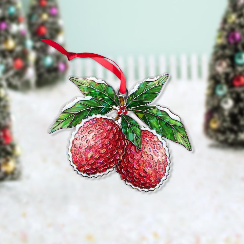 Lychee Hologram Ornament – Holiday Tree Decoration with Red Tropical Fruit and Holly Leaf Design