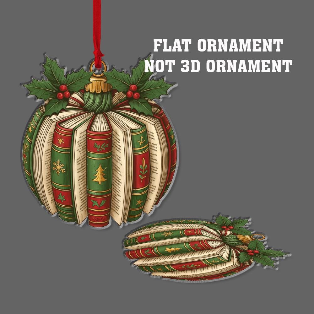 Book Ornament – Holiday Tree Decoration with Library Stack and Holly Leaf Design