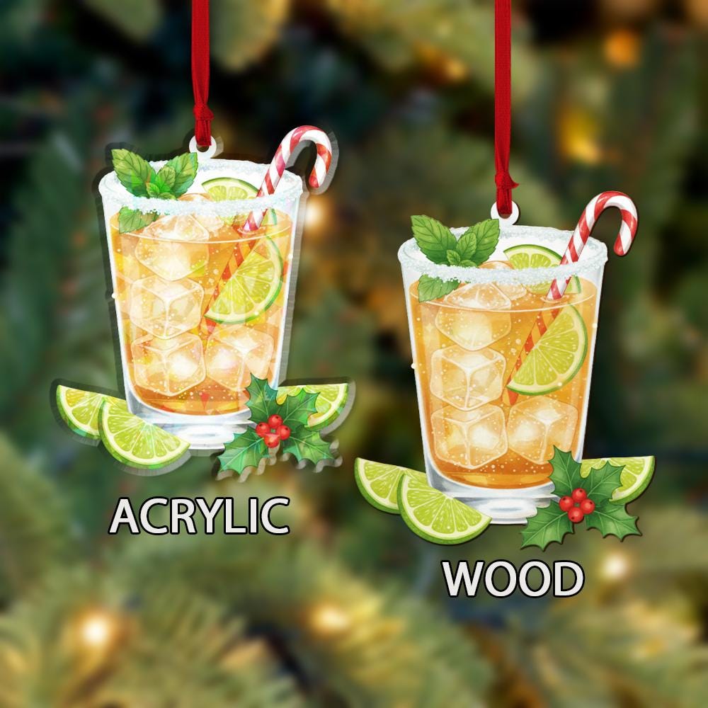 Cocktail Hologram Ornament – Holiday Tree Decoration with Lime Slice Mint and Candy Cane Design