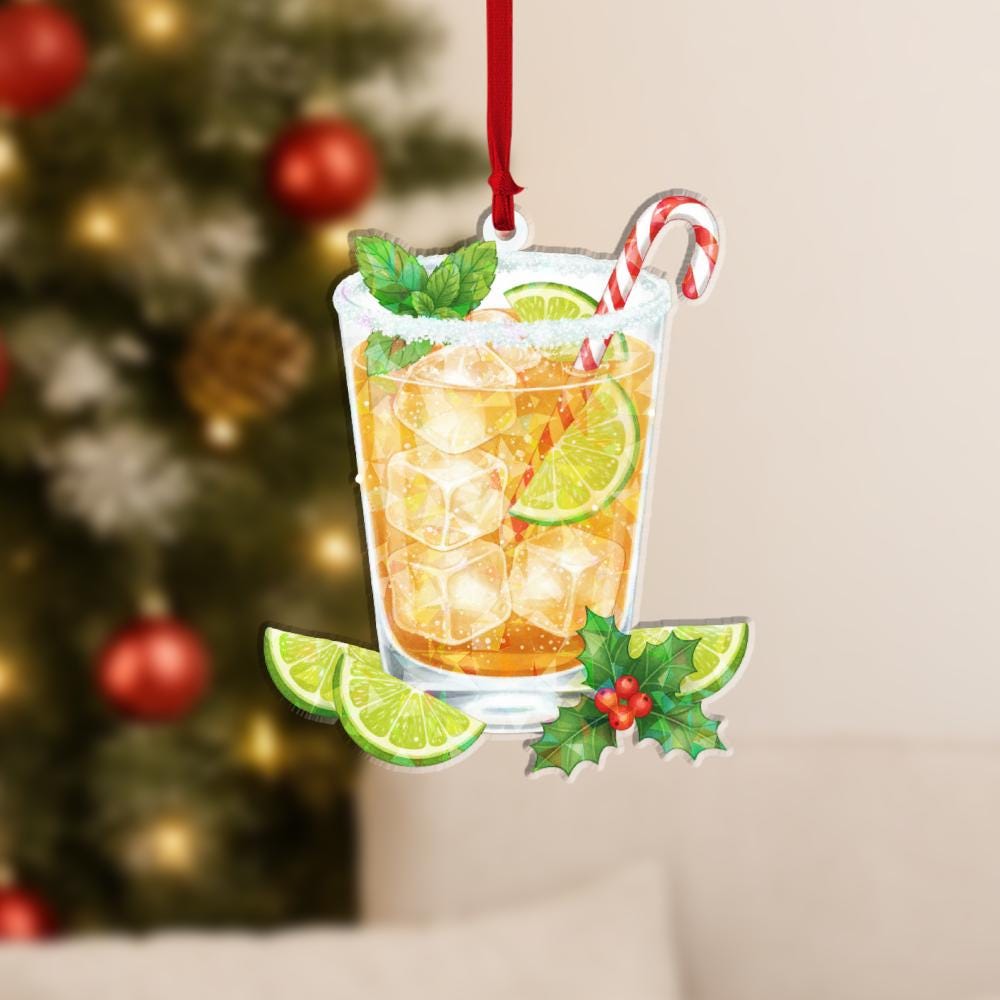 Cocktail Hologram Ornament – Holiday Tree Decoration with Lime Slice Mint and Candy Cane Design
