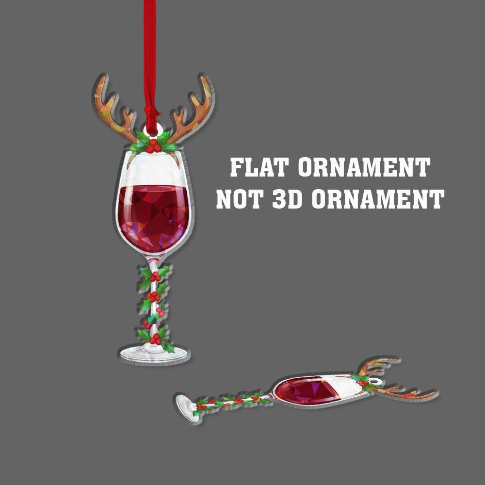 Wine Glass Hologram Ornament – Holiday Tree Decoration with Red Wine Reindeer and Holly Design