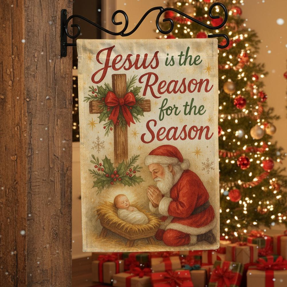 Christian Garden Flag – Outdoor Holiday Yard Decoration with Nativity Cross and Santa Design