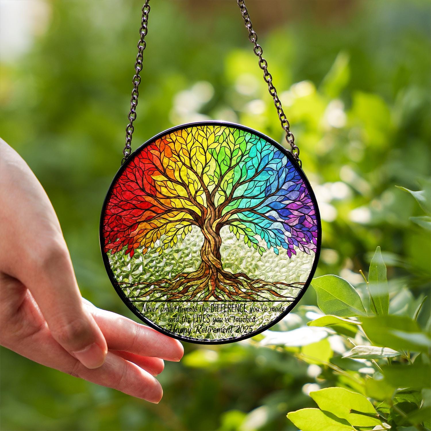 Glass Suncatcher – Tree of Life Window Hanging with Rainbow Stained Design
