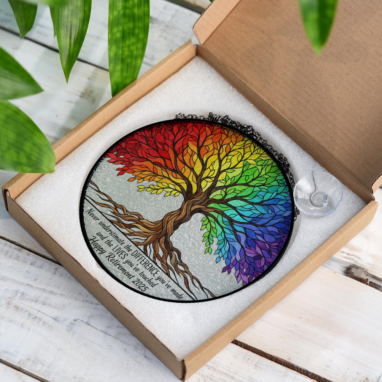 Glass Suncatcher – Tree of Life Window Hanging with Rainbow Stained Design