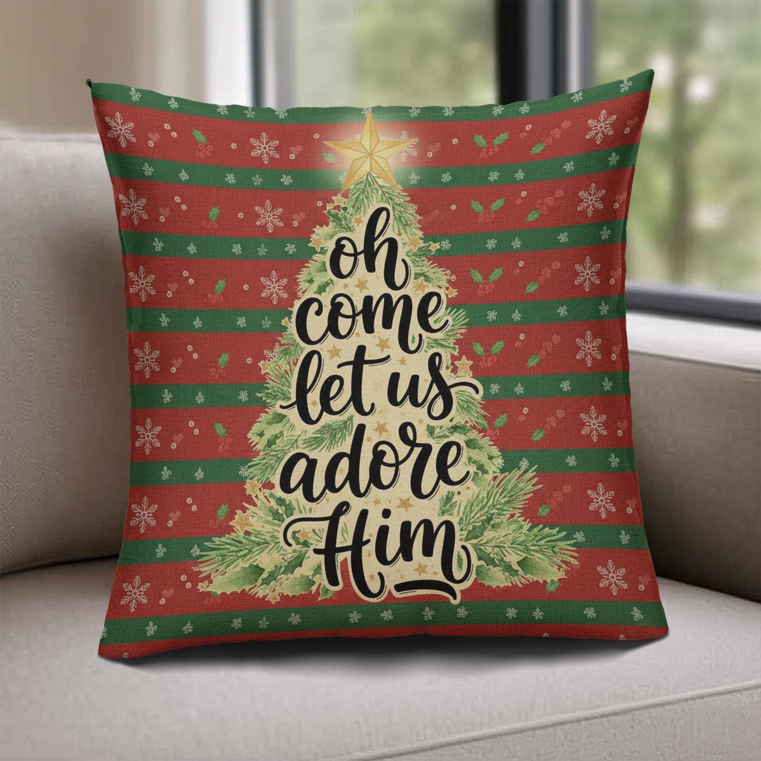 Christmas Pillow with Insert – Oh Come Let Us Adore Him Nativity Themed Home Decoration