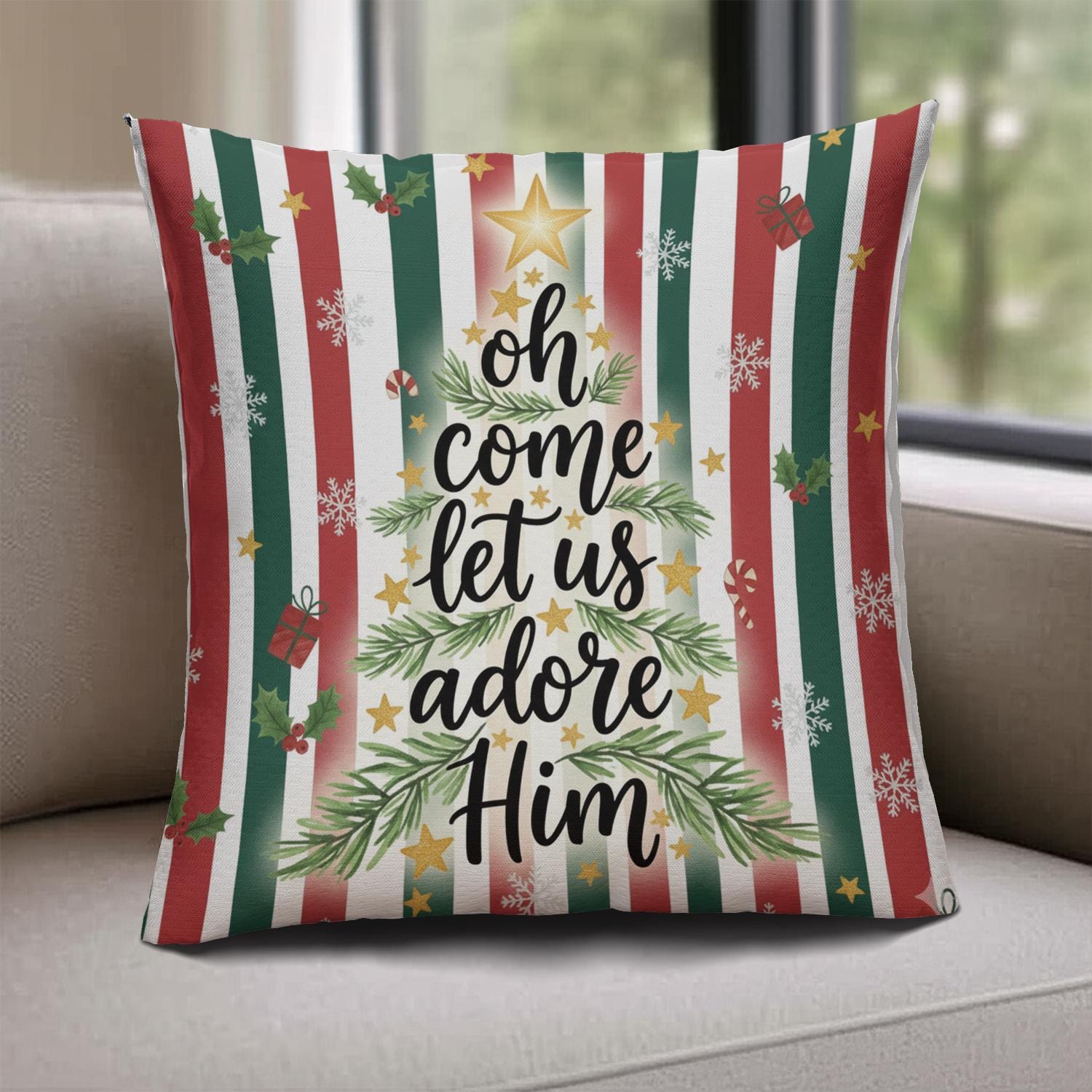 Christmas Pillow with Insert – Oh Come Let Us Adore Him Nativity Themed Home Decoration