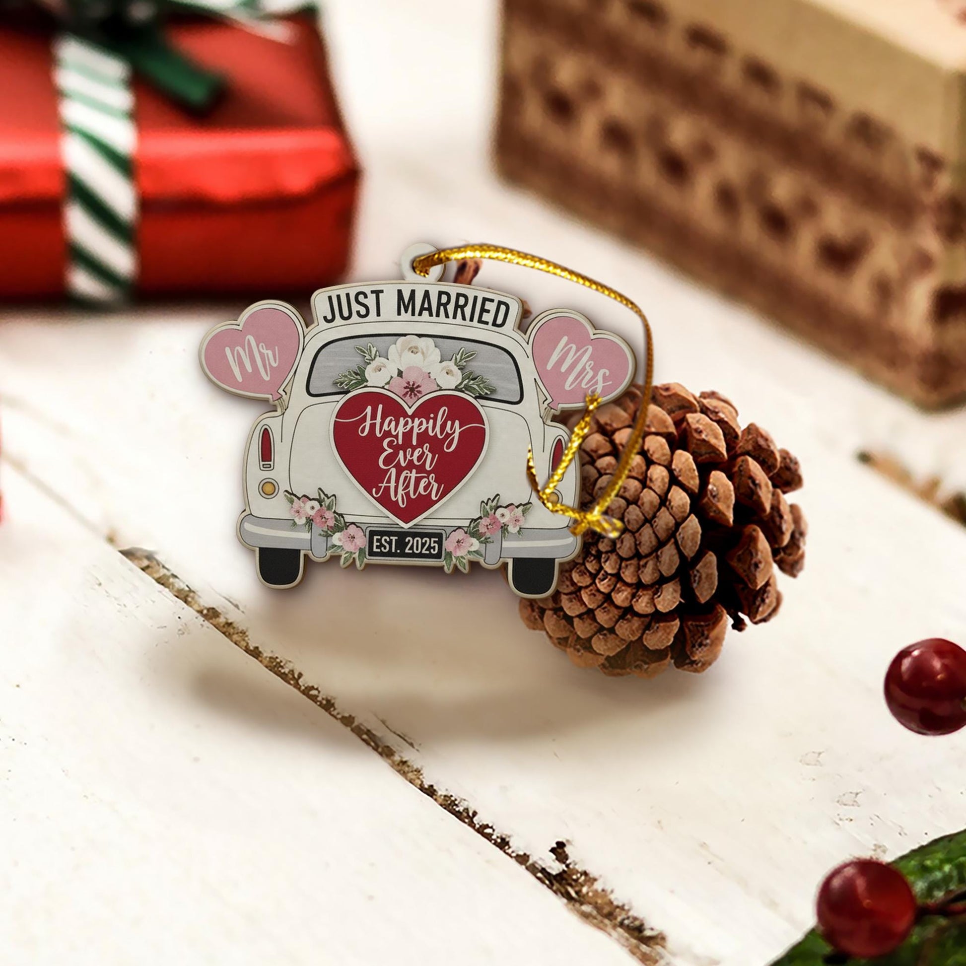 Personalized Wedding Ornament: Just Married Car Decoration, Newlywed Keepsake