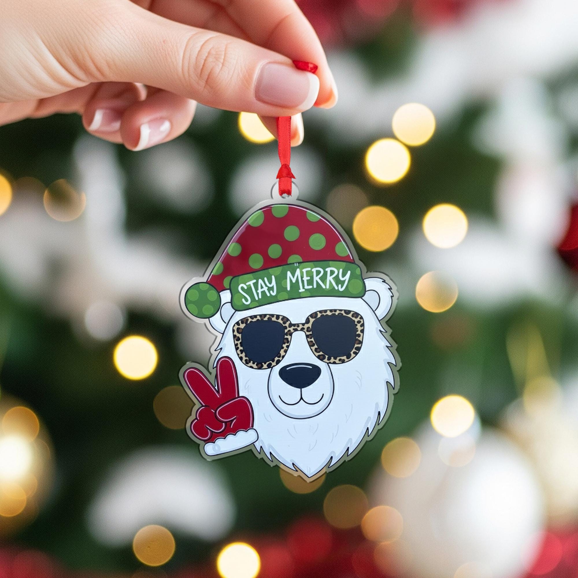 Polar Bear Ornament: Christmas Tree Decoration with Santa Hat and Sunglasses