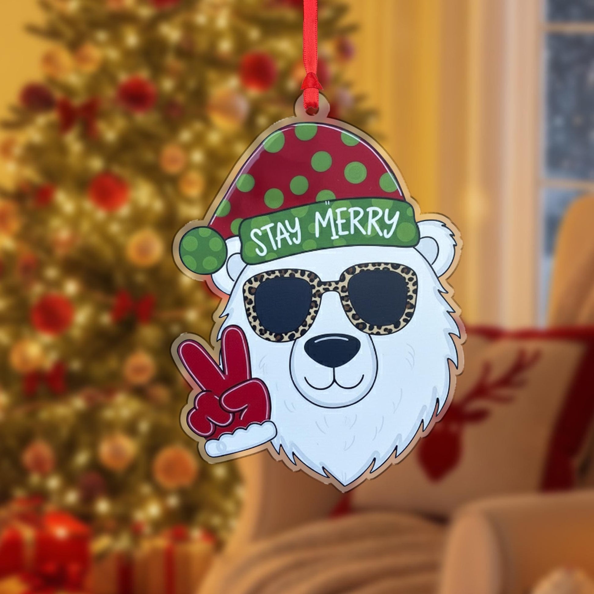 Polar Bear Ornament: Christmas Tree Decoration with Santa Hat and Sunglasses