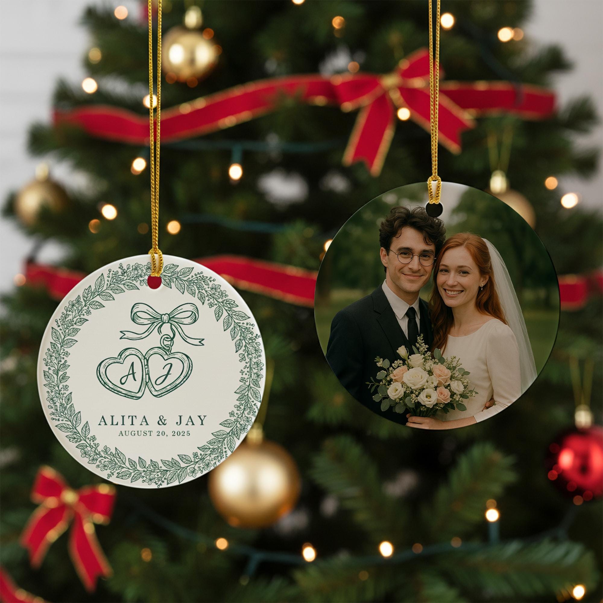 Personalized Wedding Ornament: Ceramic Photo Decoration with Names and Date