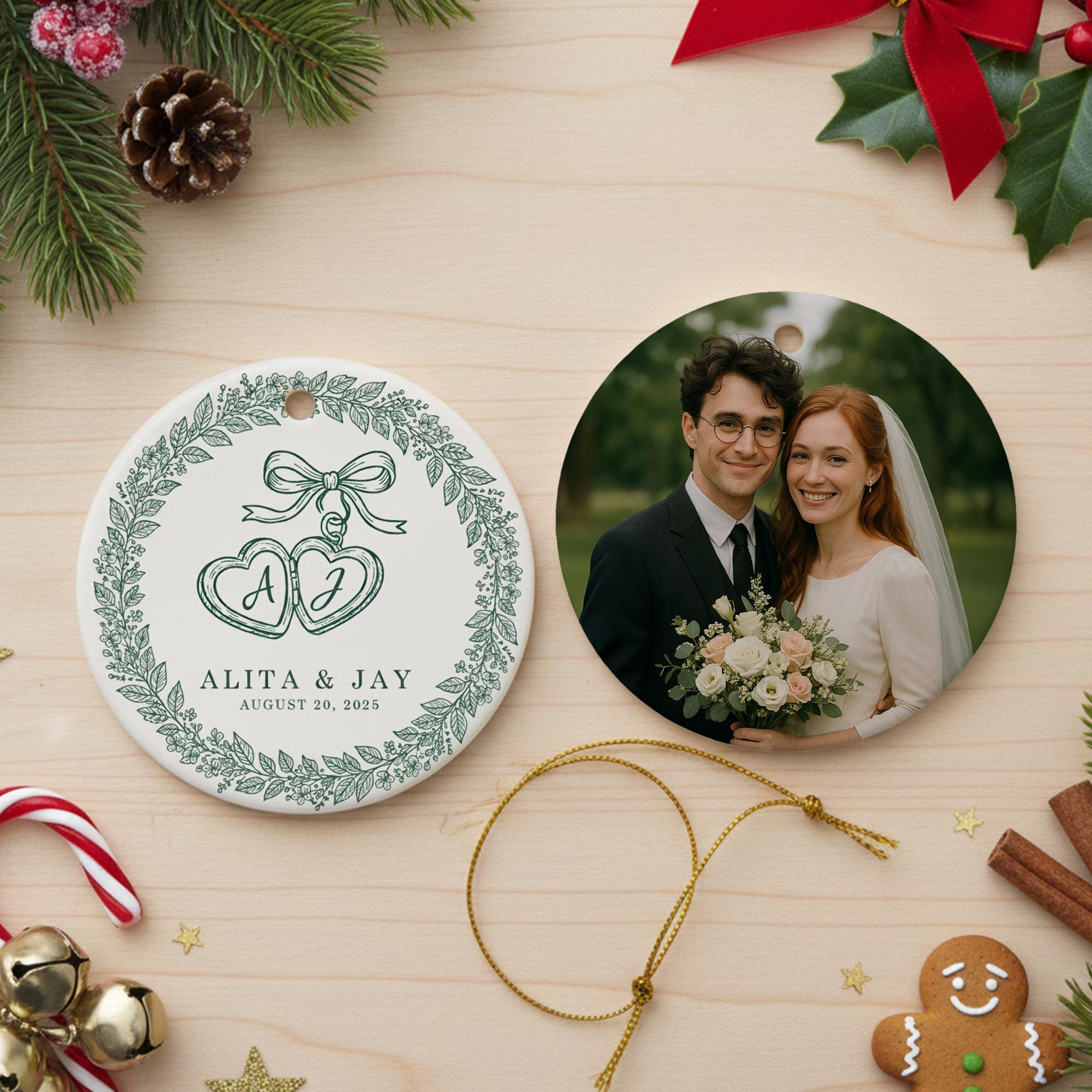 Personalized Wedding Ornament: Ceramic Photo Decoration with Names and Date