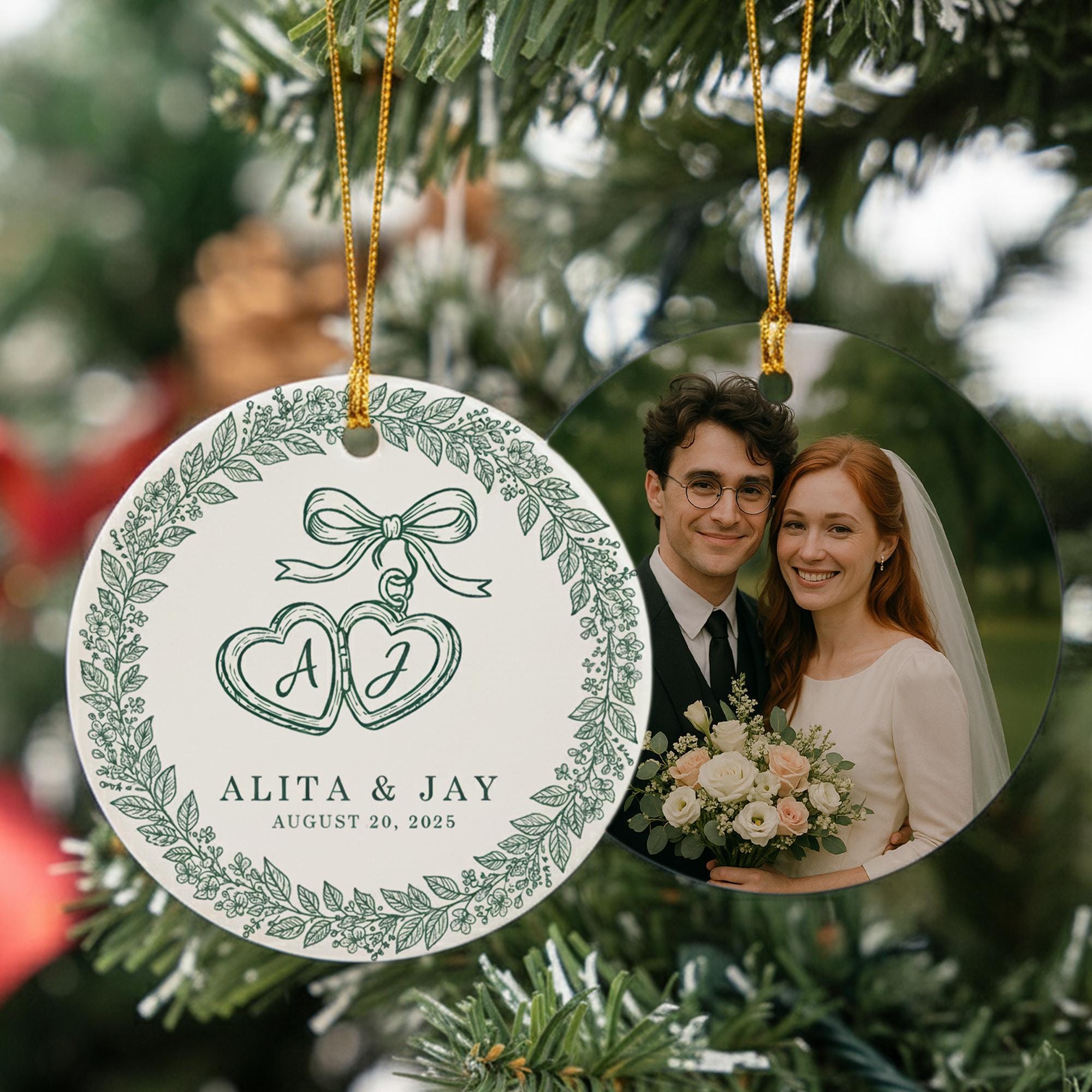 Personalized Wedding Ornament: Ceramic Photo Decoration with Names and Date