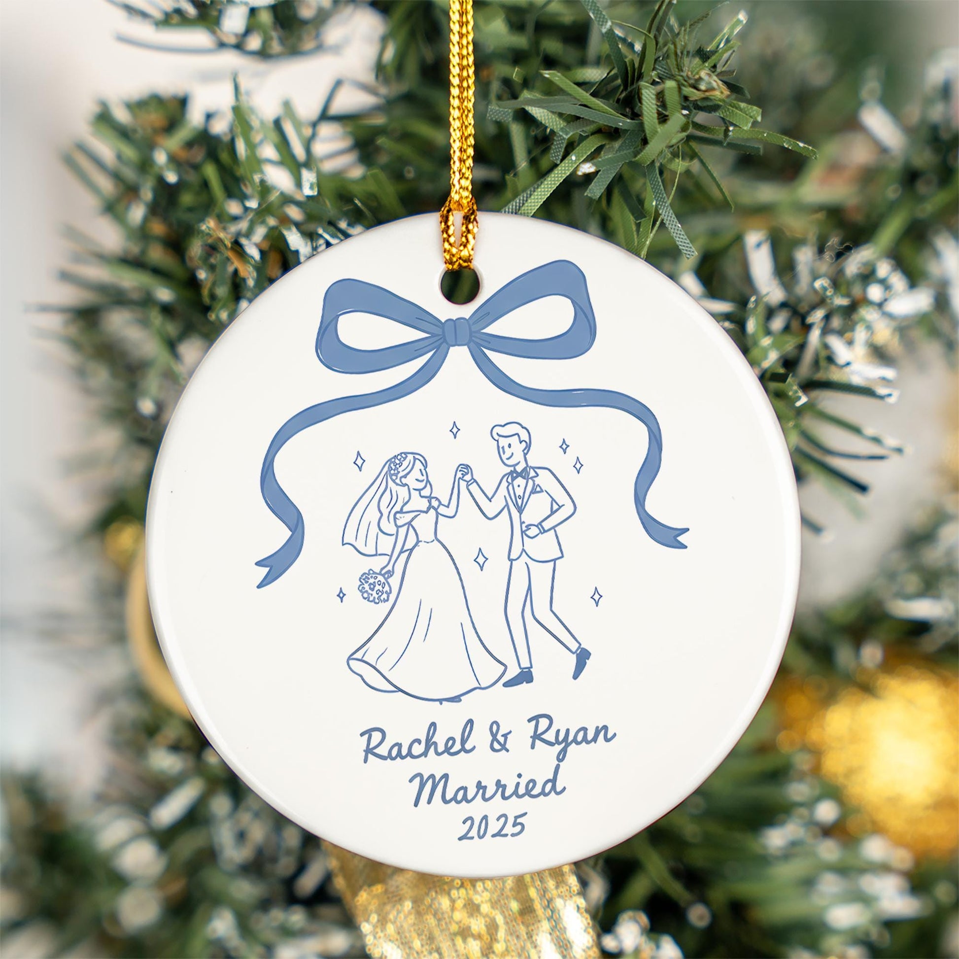 Personalized Wedding Ornament Ceramic – Bride and Groom Illustration, Keepsake 2025