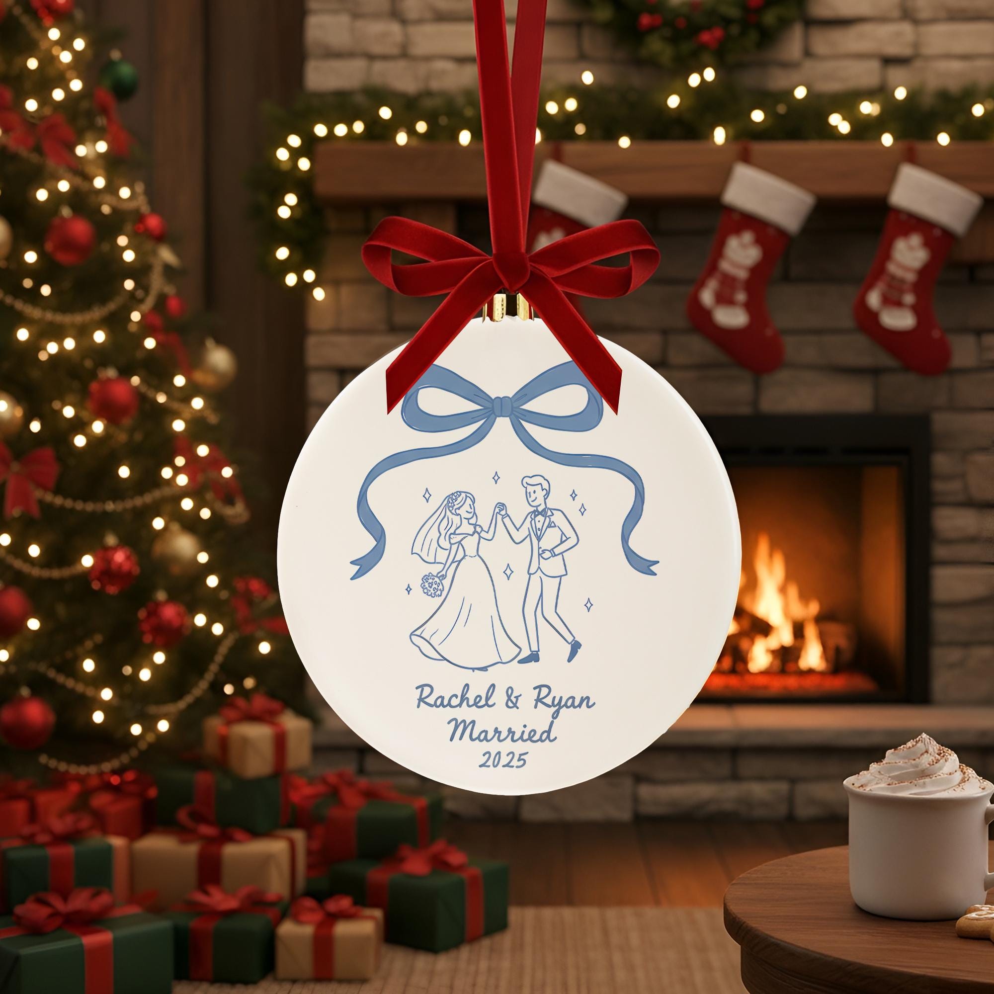 Personalized Wedding Ornament Ceramic – Bride and Groom Illustration, Keepsake 2025