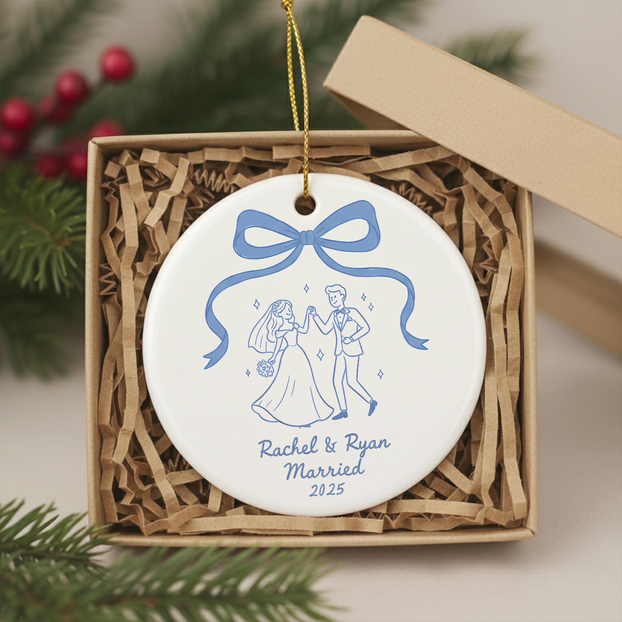 Personalized Wedding Ornament Ceramic – Bride and Groom Illustration, Keepsake 2025