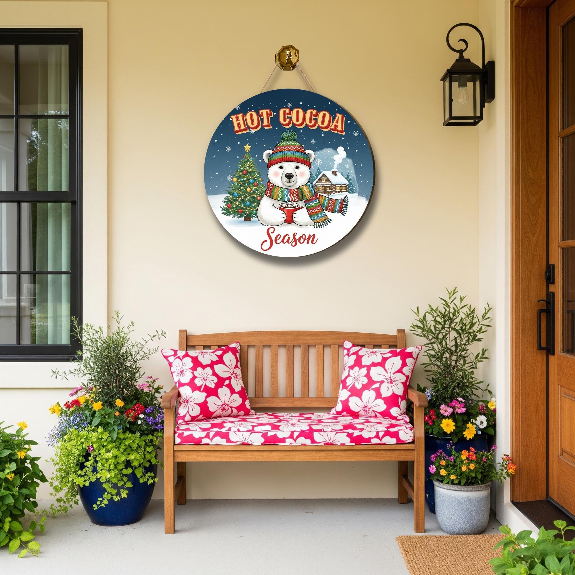 Wooden Hot Cocoa Sign – Winter Bear Decor – Round Wall Plaque