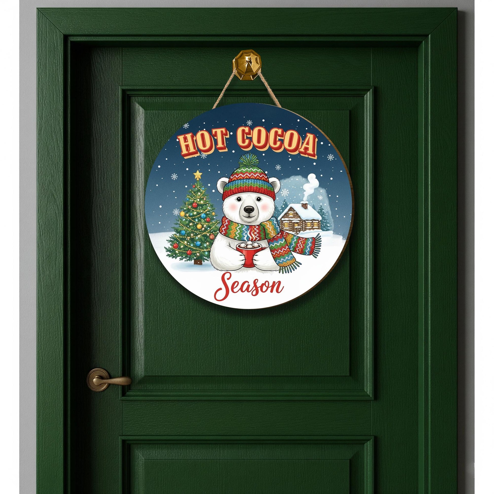 Wooden Hot Cocoa Sign – Winter Bear Decor – Round Wall Plaque