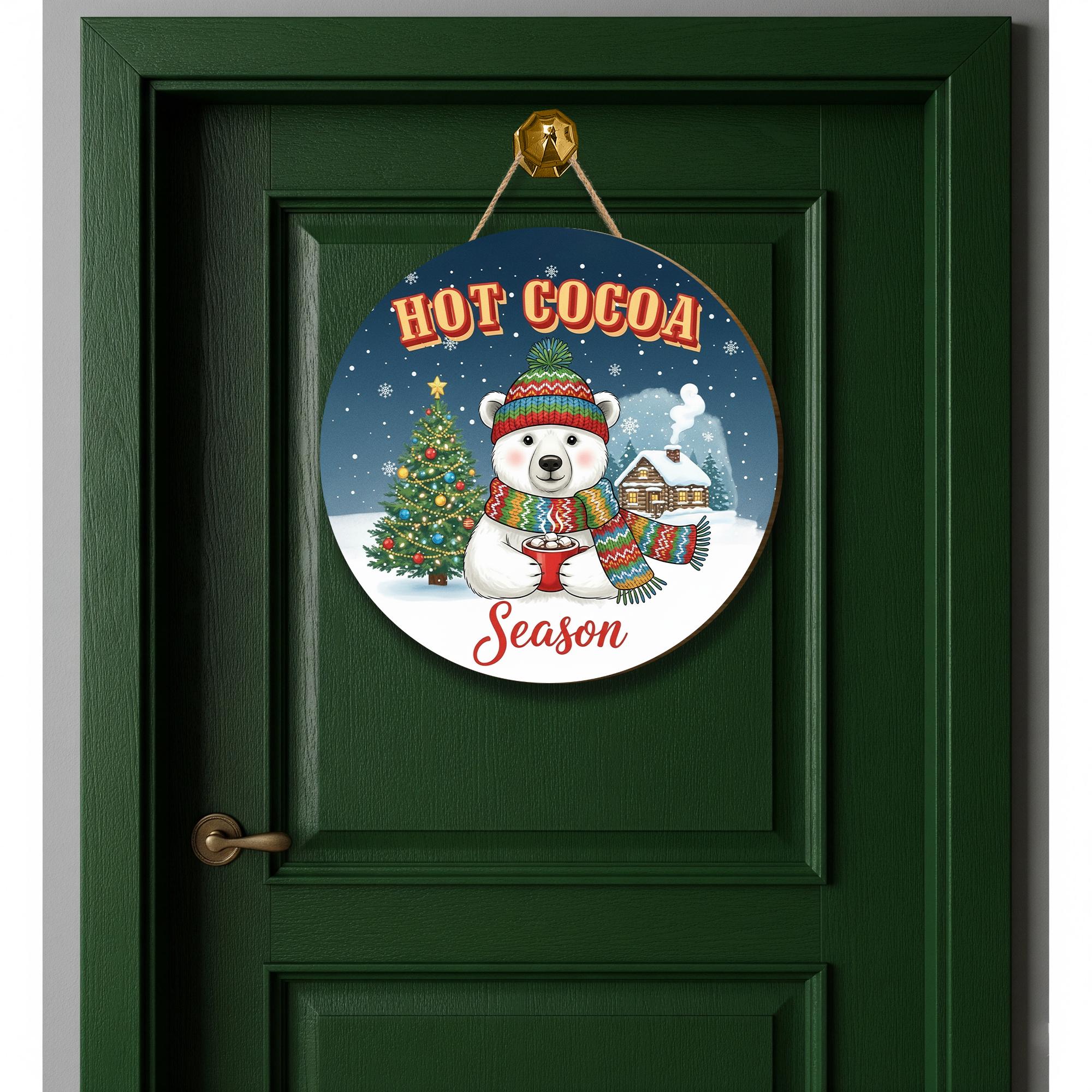 Wooden Hot Cocoa Sign – Winter Bear Decor – Round Wall Plaque