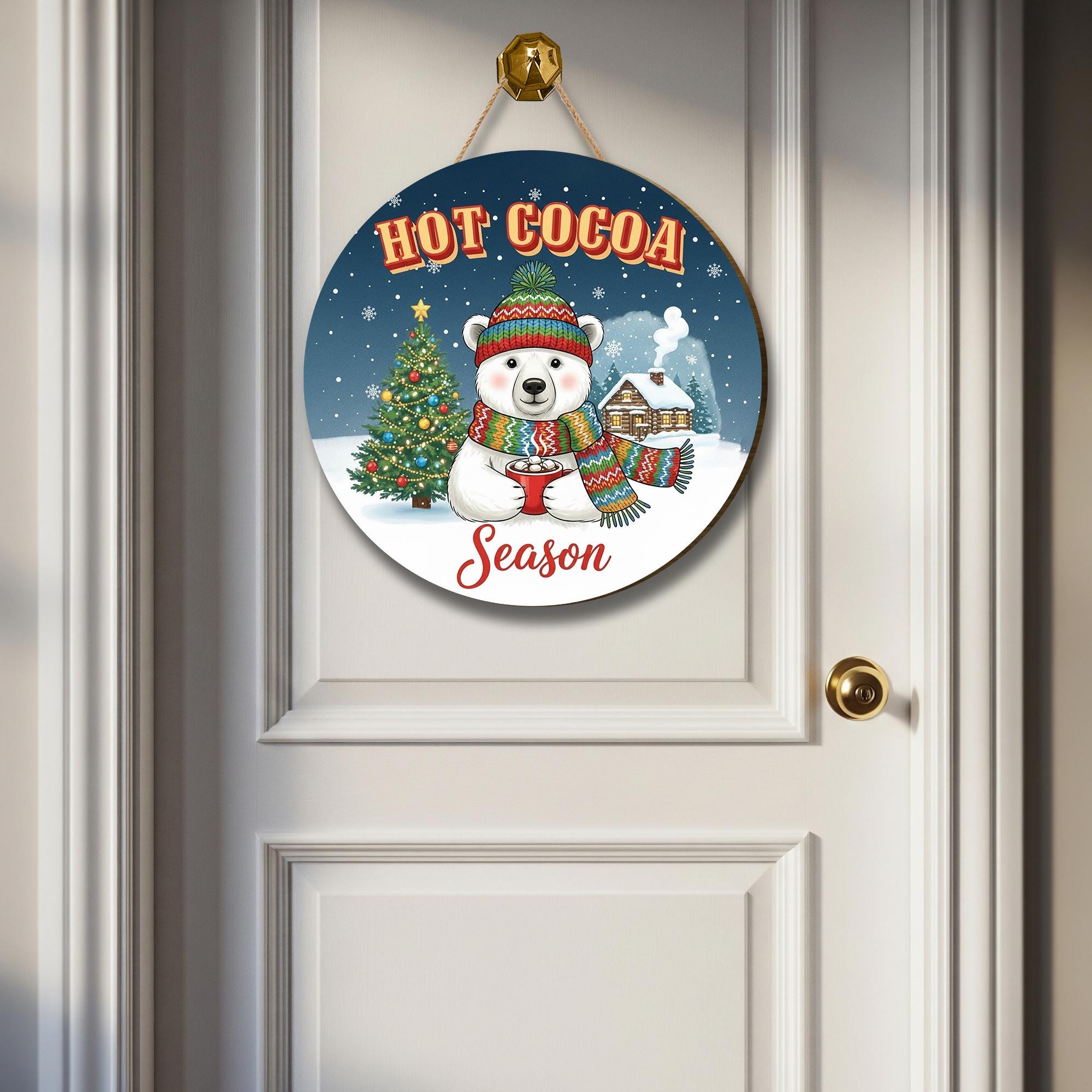 Wooden Hot Cocoa Sign – Winter Bear Decor – Round Wall Plaque