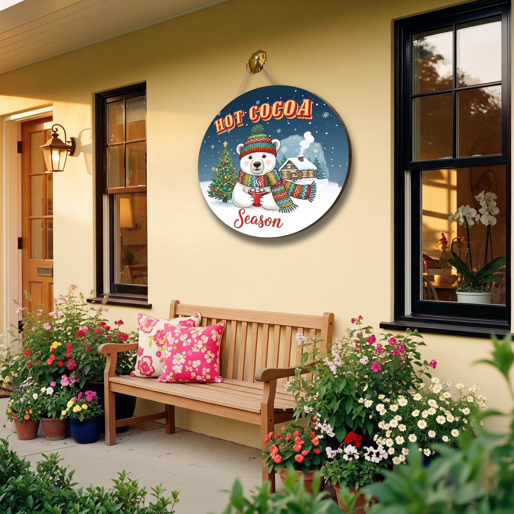 Wooden Hot Cocoa Sign – Winter Bear Decor – Round Wall Plaque