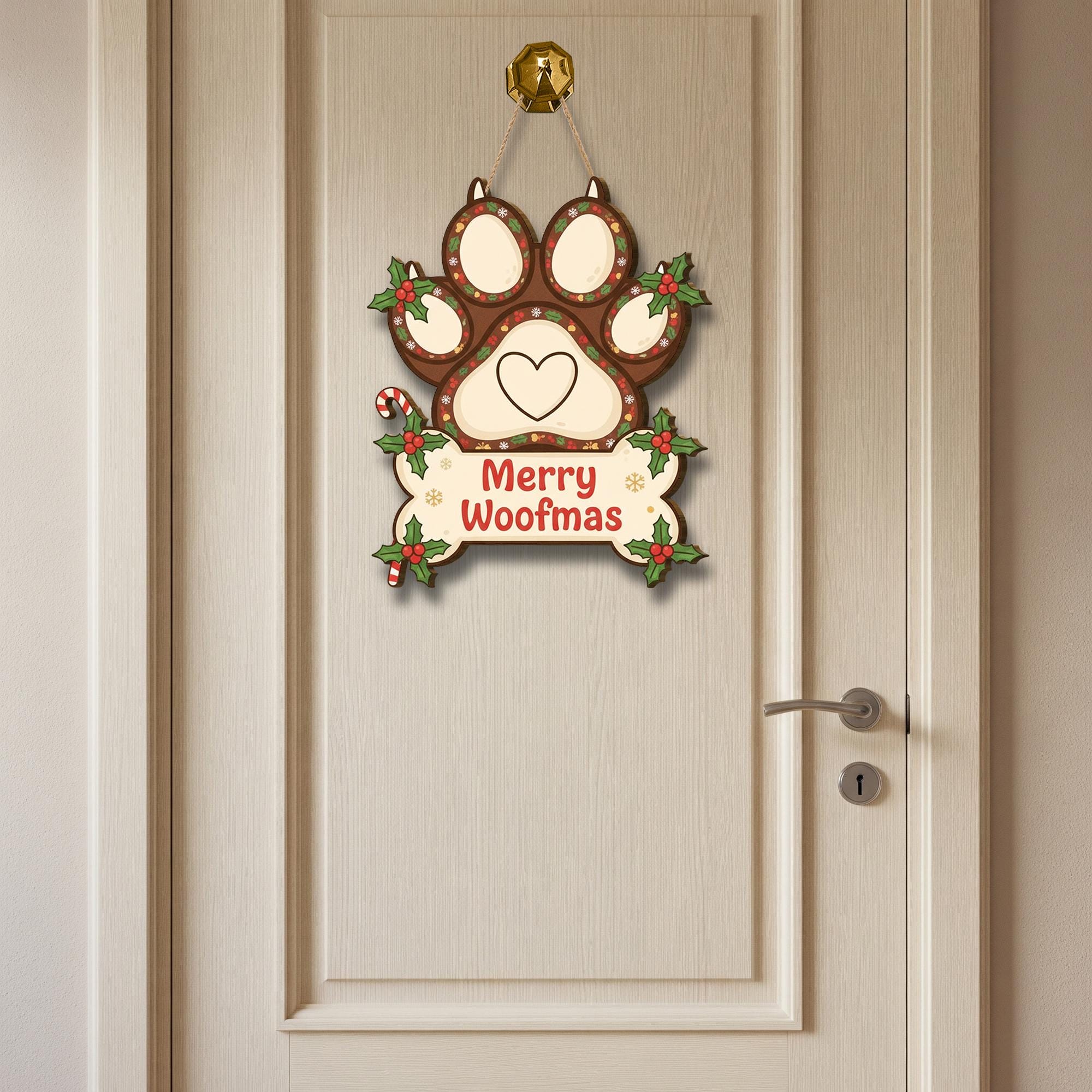 Wooden Merry Woofmas Sign – Dog Paw Wall Plaque – Holiday Door Decor