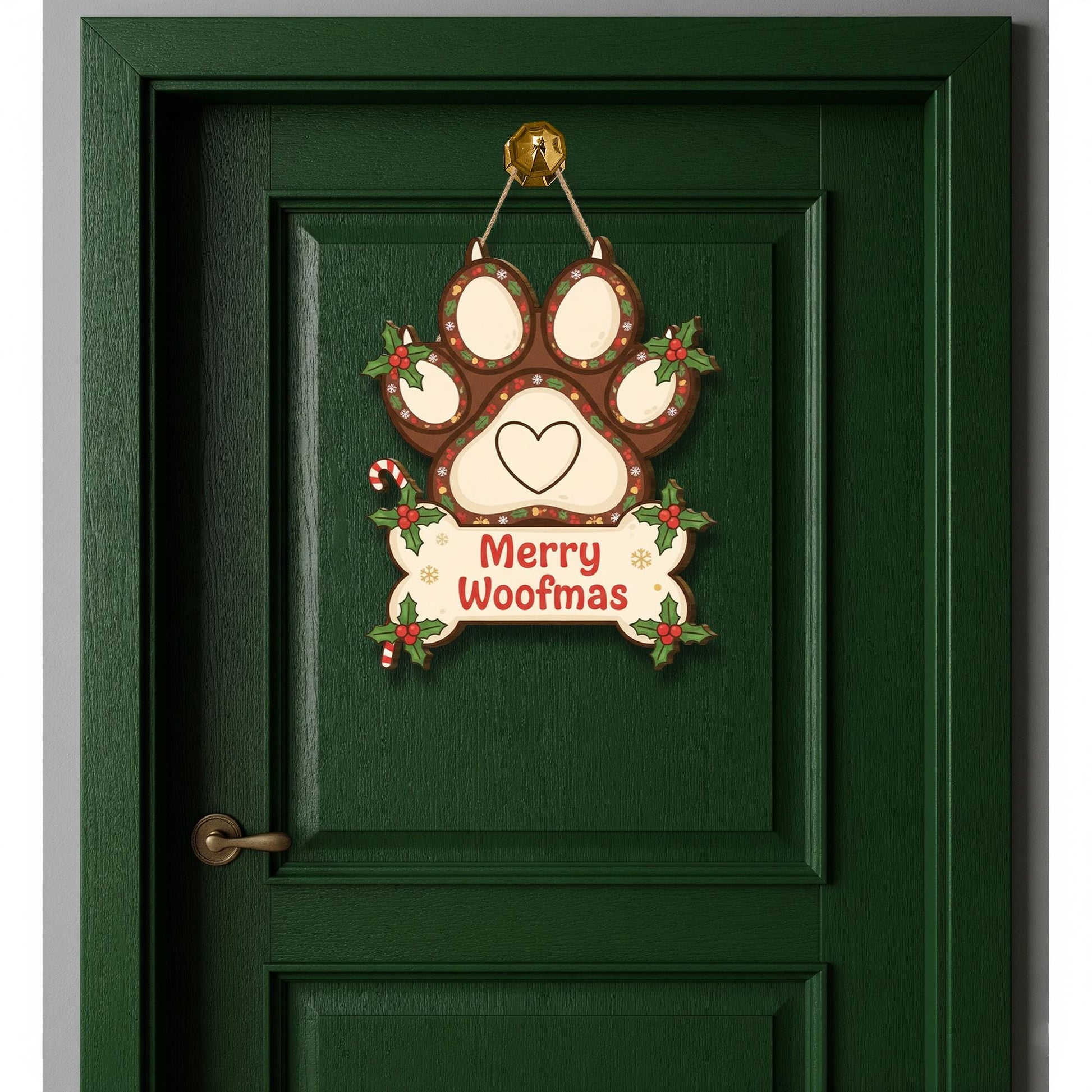 Wooden Merry Woofmas Sign – Dog Paw Wall Plaque – Holiday Door Decor