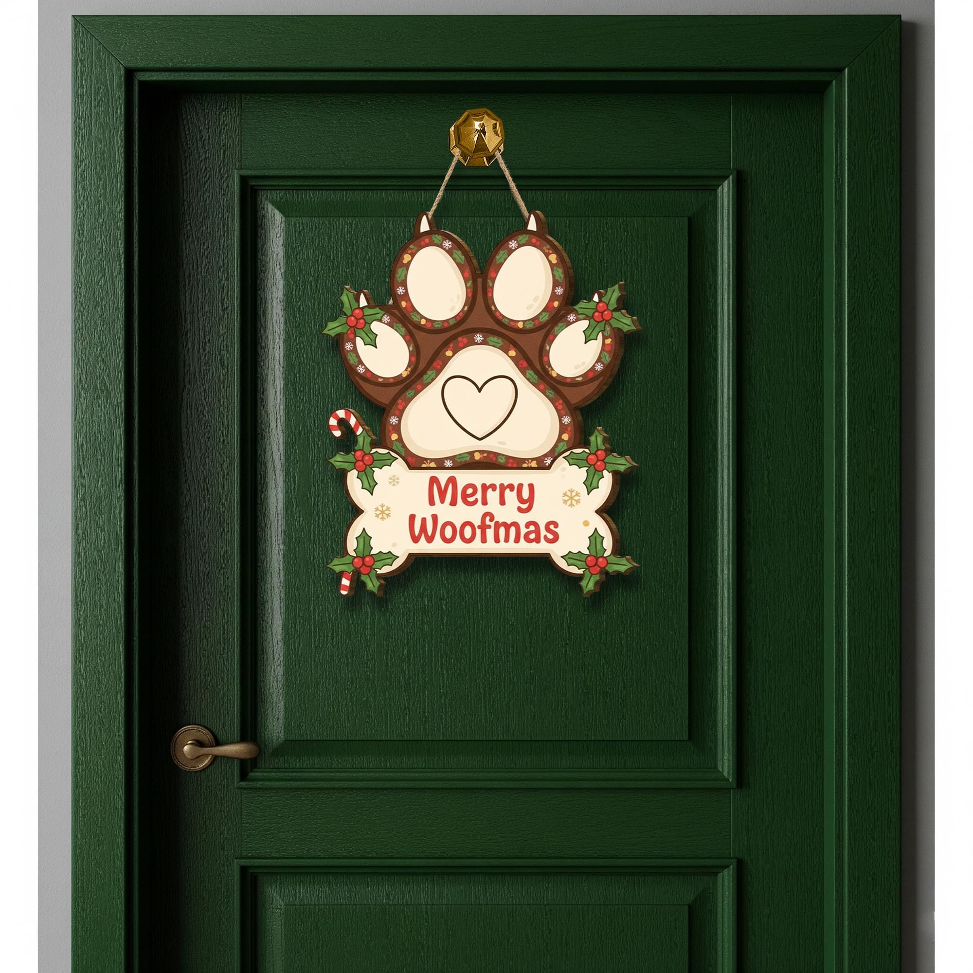 Wooden Merry Woofmas Sign – Dog Paw Wall Plaque – Holiday Door Decor