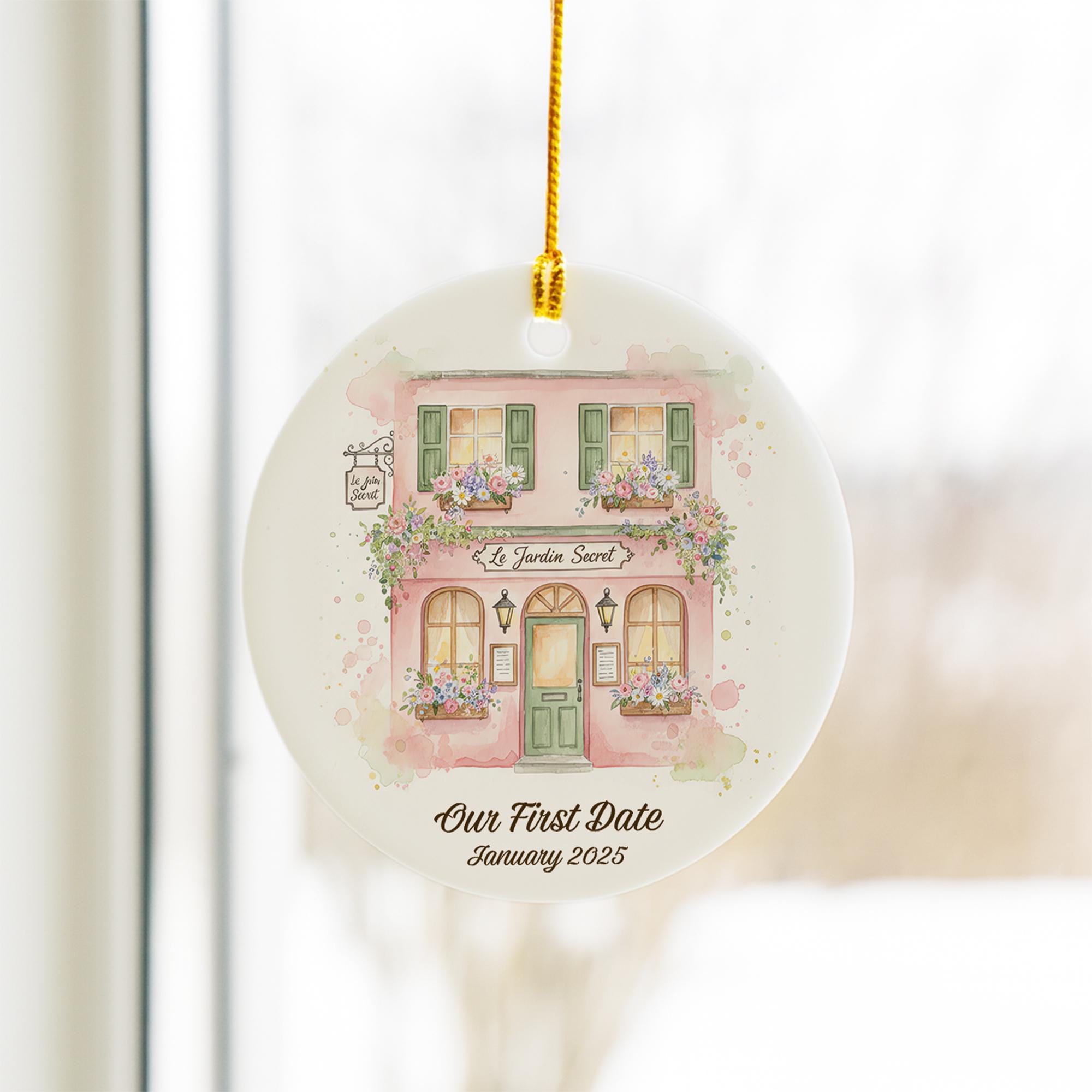Personalized Ceramic Ornament: Custom Watercolor Pink Place Illustration, First Date Keepsake