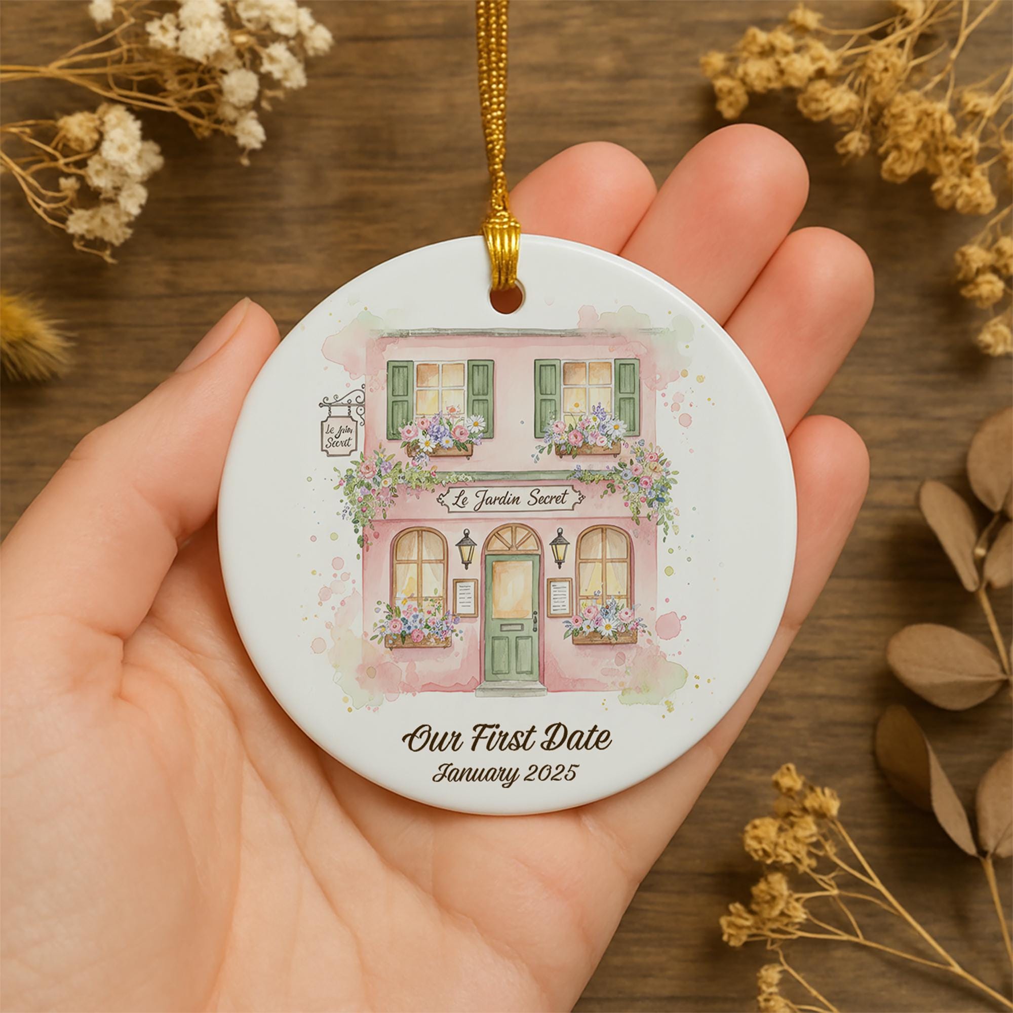 Personalized Ceramic Ornament: Custom Watercolor Pink Place Illustration, First Date Keepsake