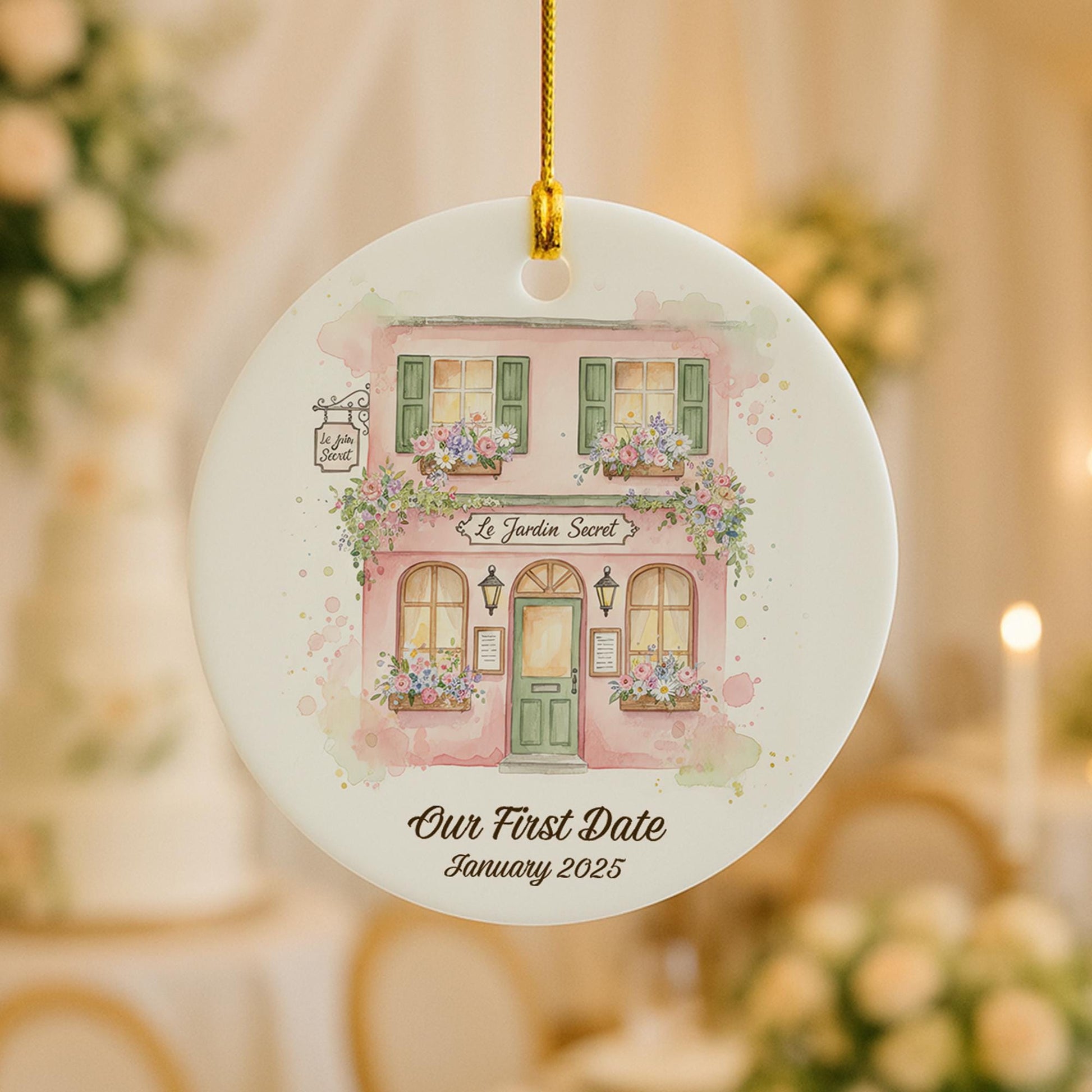 Personalized Ceramic Ornament: Custom Watercolor Pink Place Illustration, First Date Keepsake