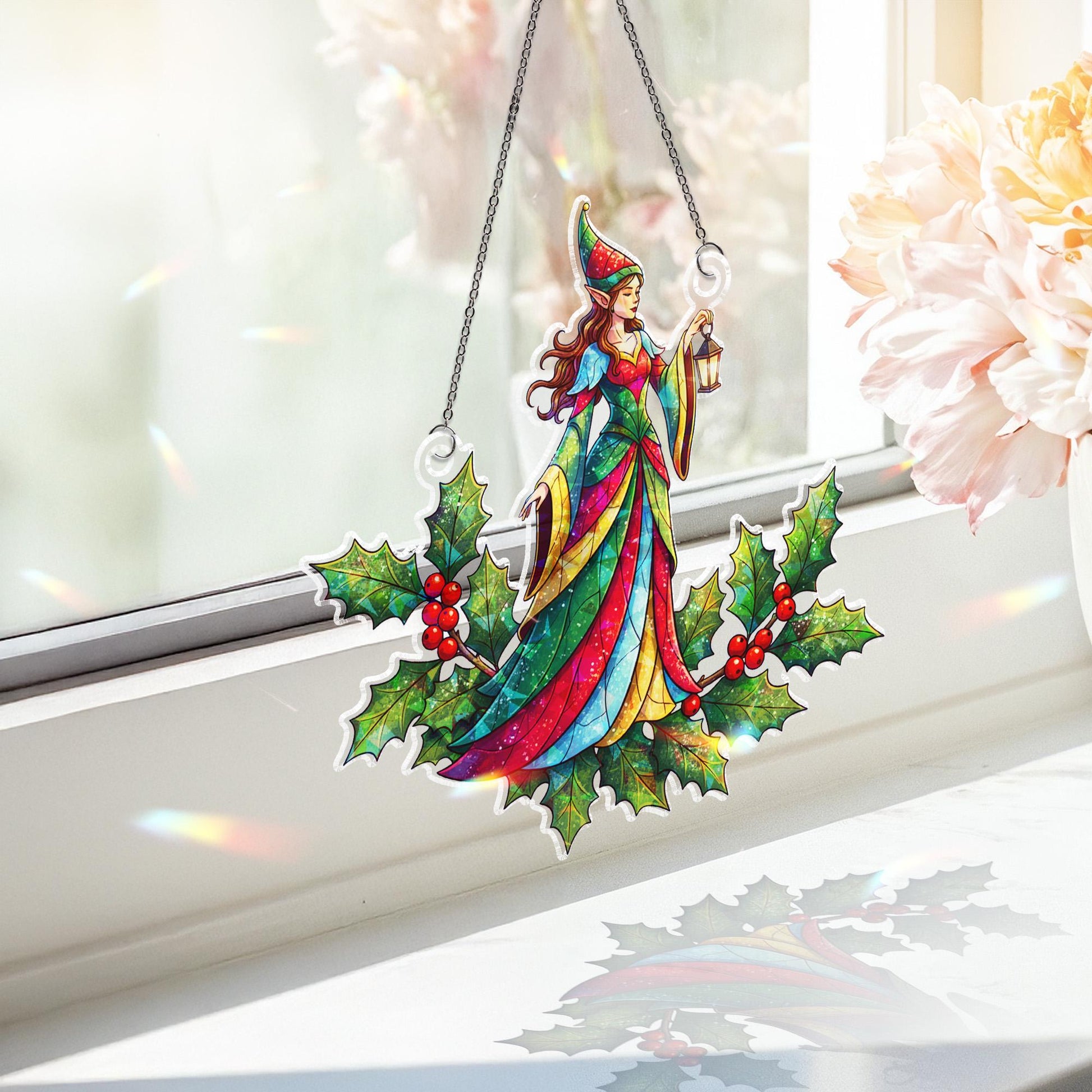 Acrylic Witchy Hologram Suncatcher: Faux Stained Glass Fairy Christmas Window Hanging