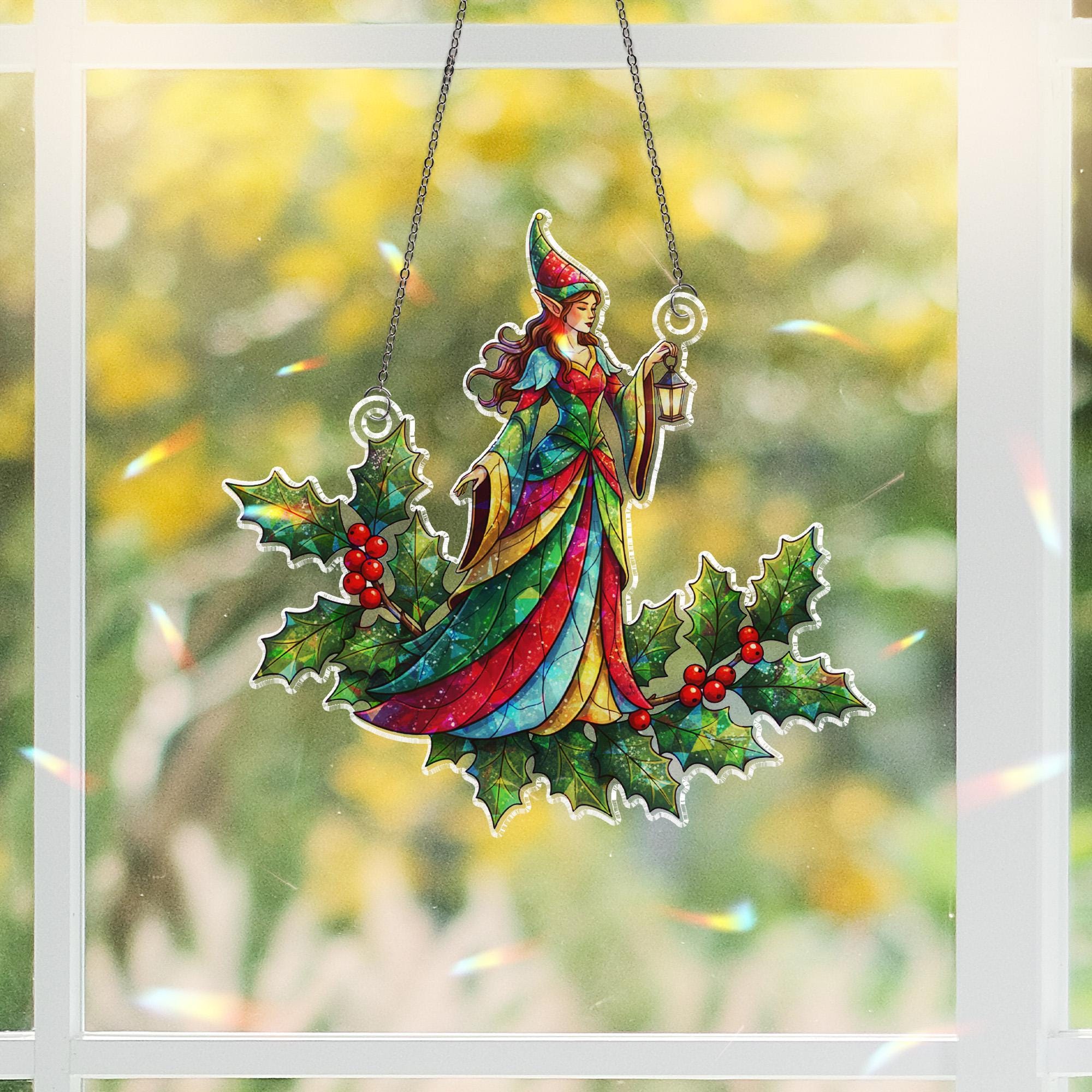 Acrylic Witchy Hologram Suncatcher: Faux Stained Glass Fairy Christmas Window Hanging