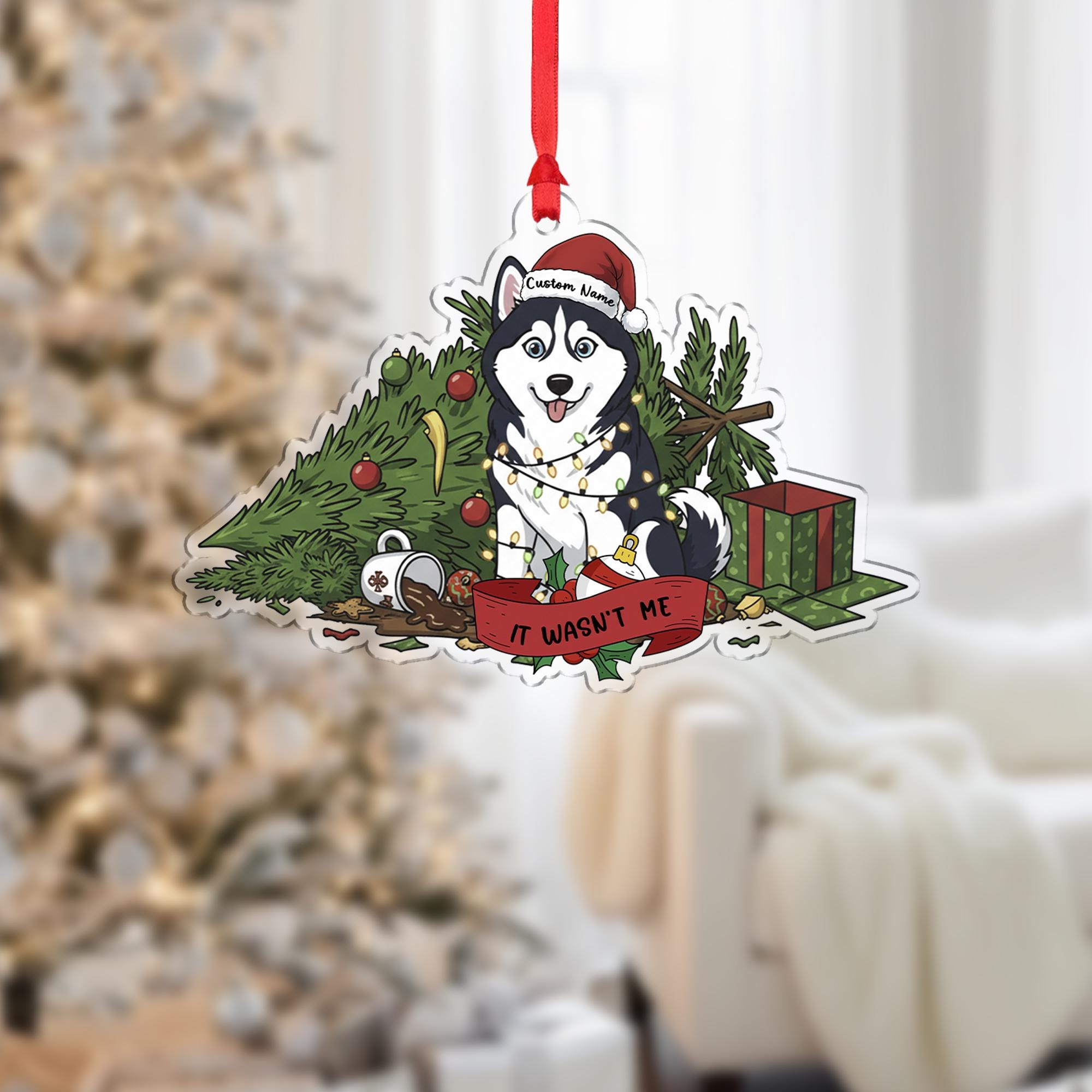 Personalized Dog Christmas Ornament – Husky Design, Funny Holiday Tree Decoration, Custom Name Pet Keepsake