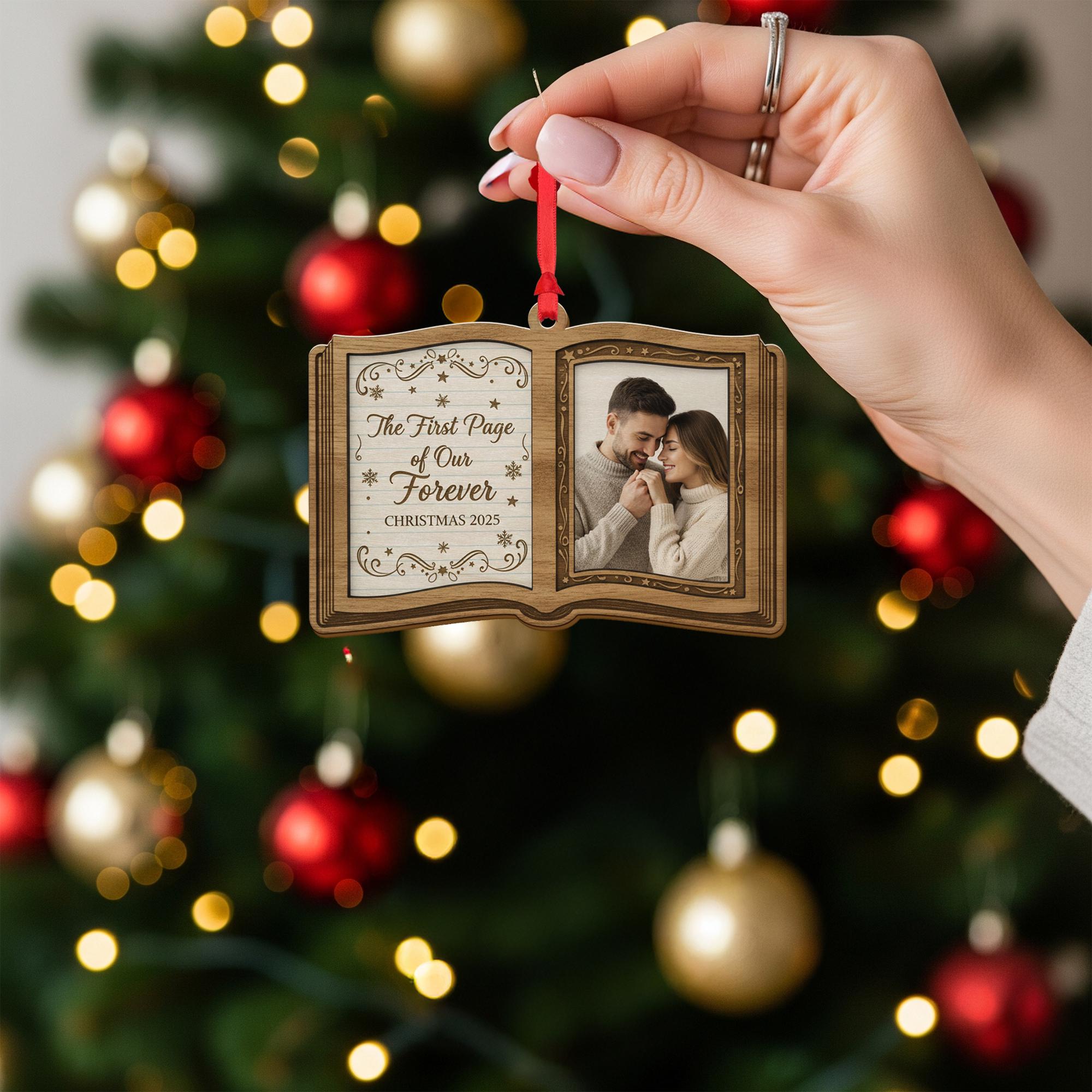 Personalized Book Photo Ornament – Open Book Shape, Couple Christmas 2025 Keepsake Decoration
