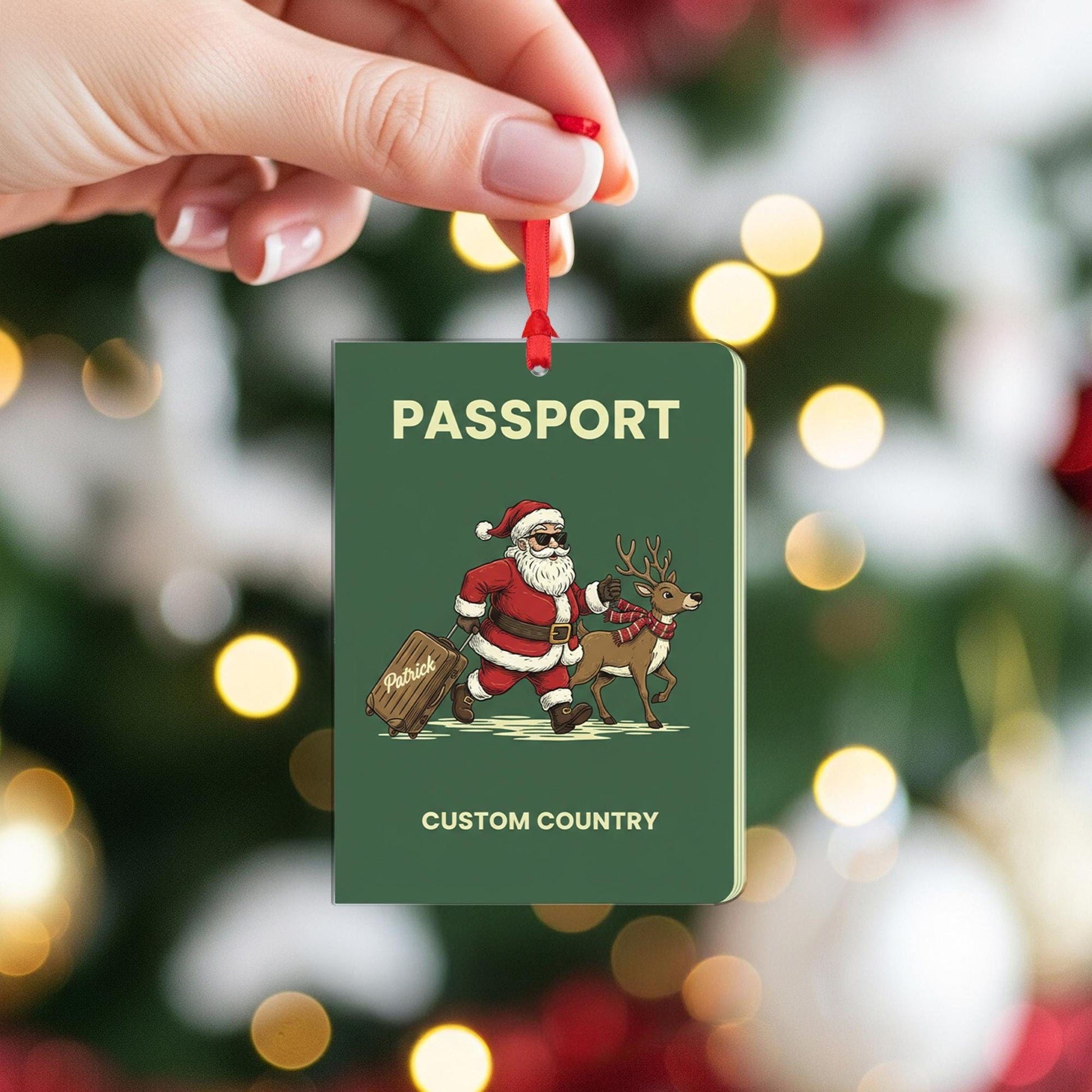 Personalized Passport Ornament with Santa and Reindeer, Travel Theme Christmas Decoration