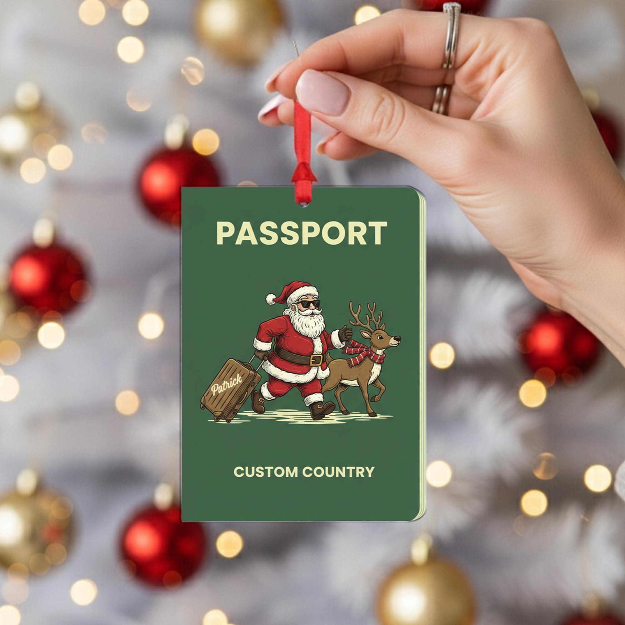 Personalized Passport Ornament with Santa and Reindeer, Travel Theme Christmas Decoration