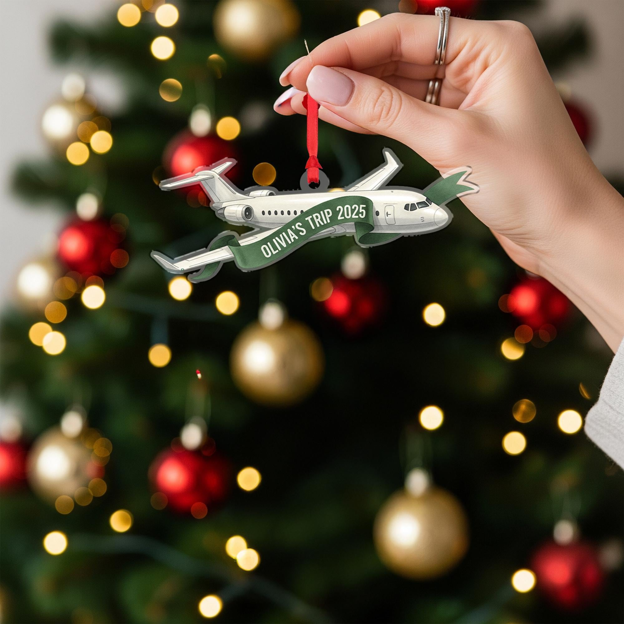 Personalized Airplane Ornament with Travel Banner, Custom Flight Trip Christmas Decoration