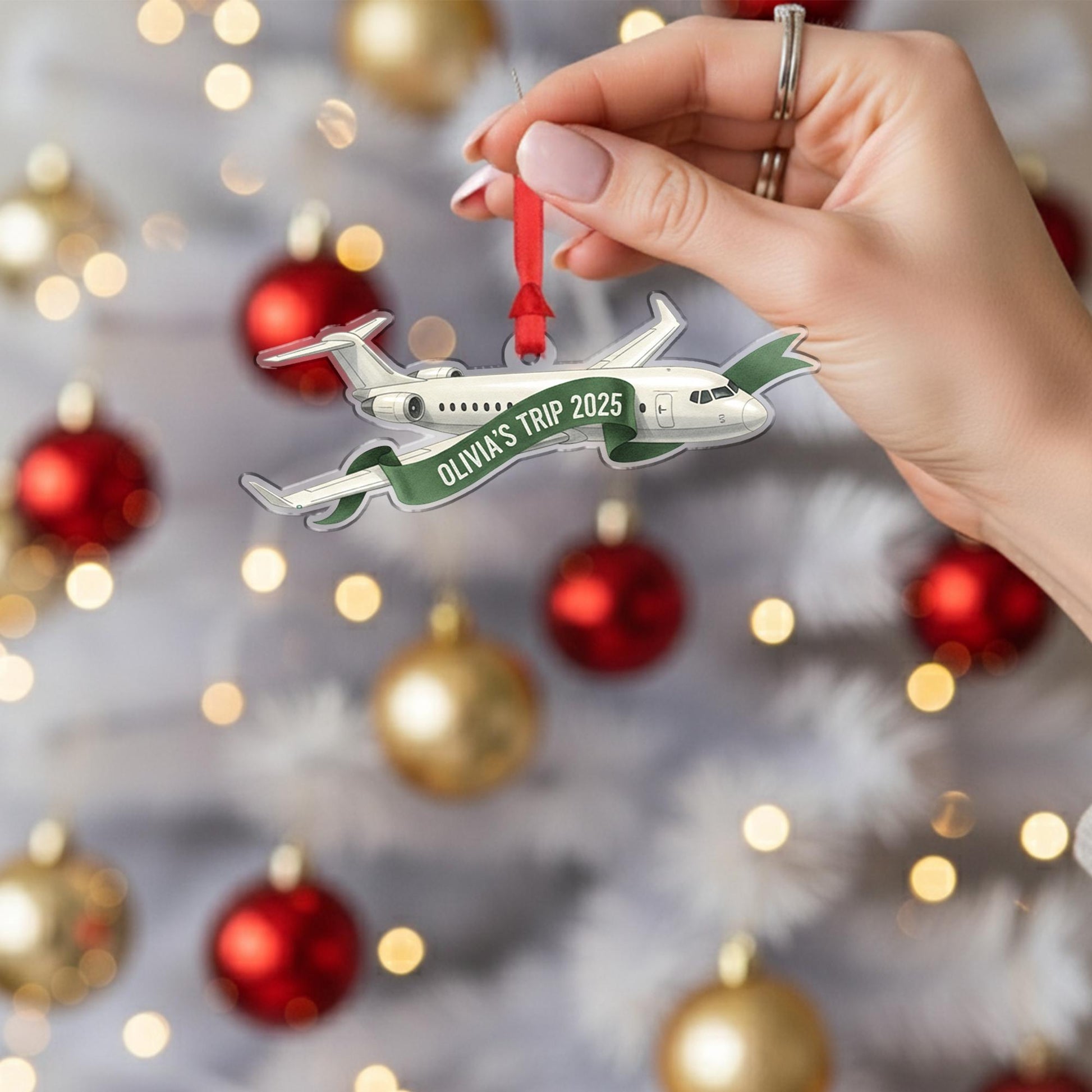 Personalized Airplane Ornament with Travel Banner, Custom Flight Trip Christmas Decoration
