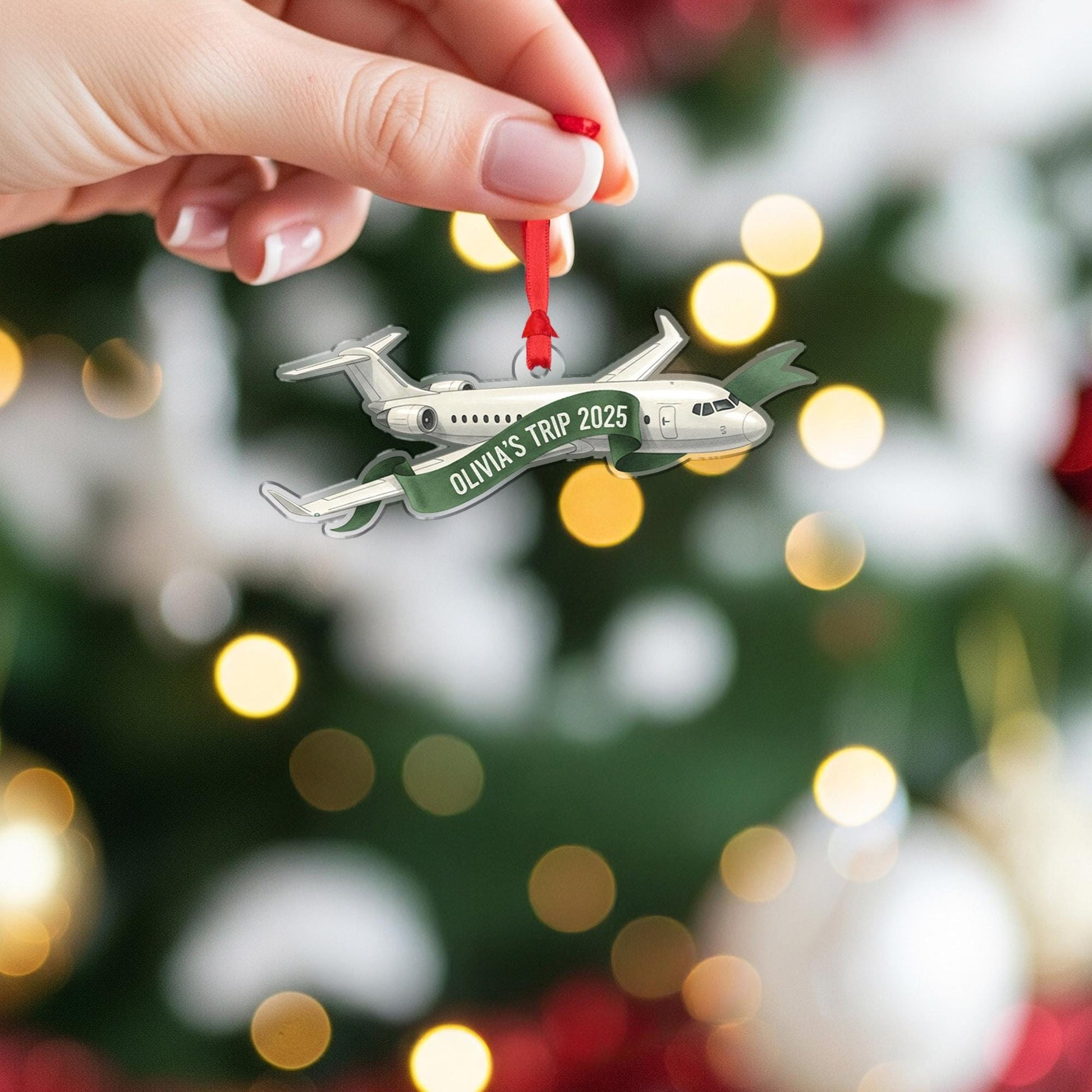 Personalized Airplane Ornament with Travel Banner, Custom Flight Trip Christmas Decoration