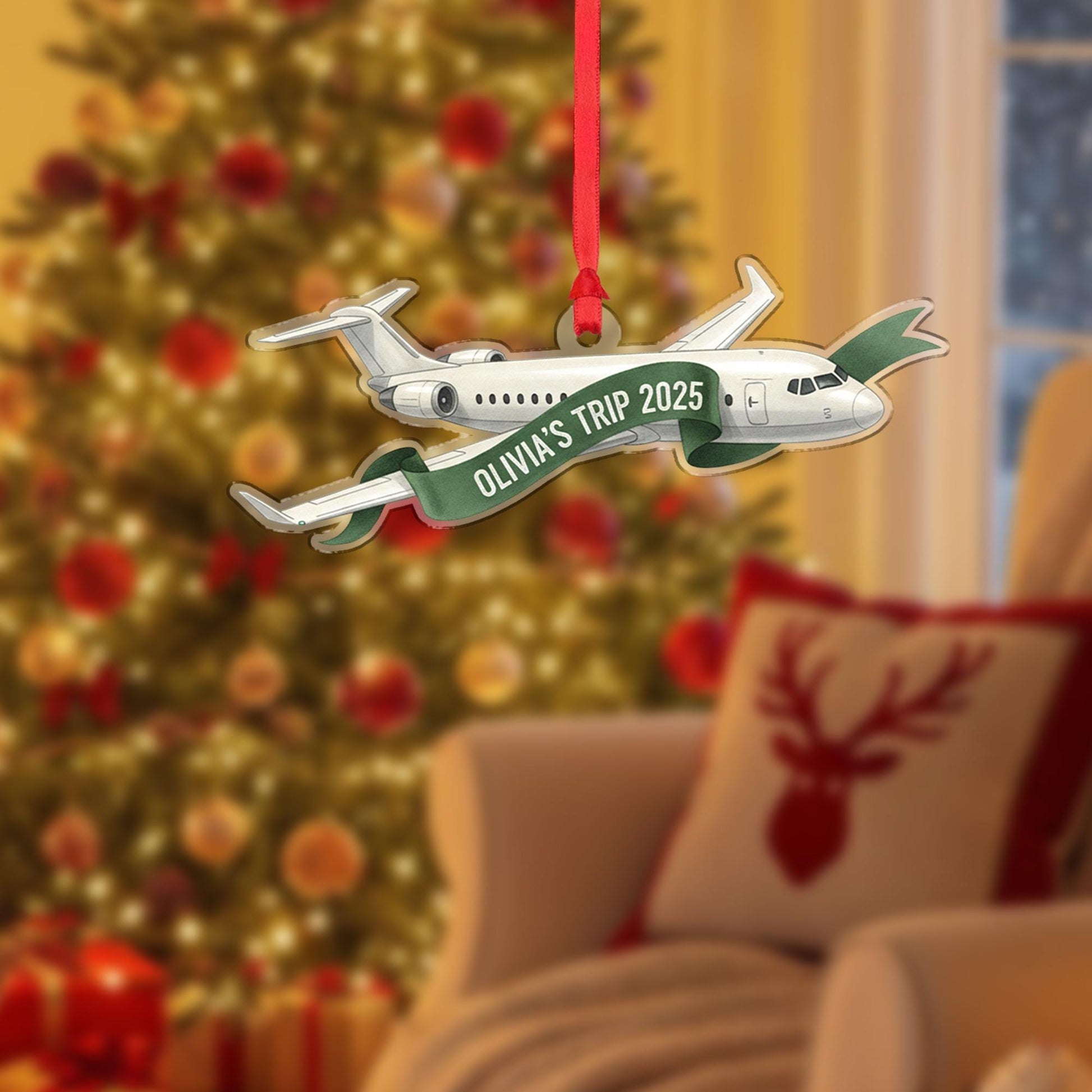 Personalized Airplane Ornament with Travel Banner, Custom Flight Trip Christmas Decoration