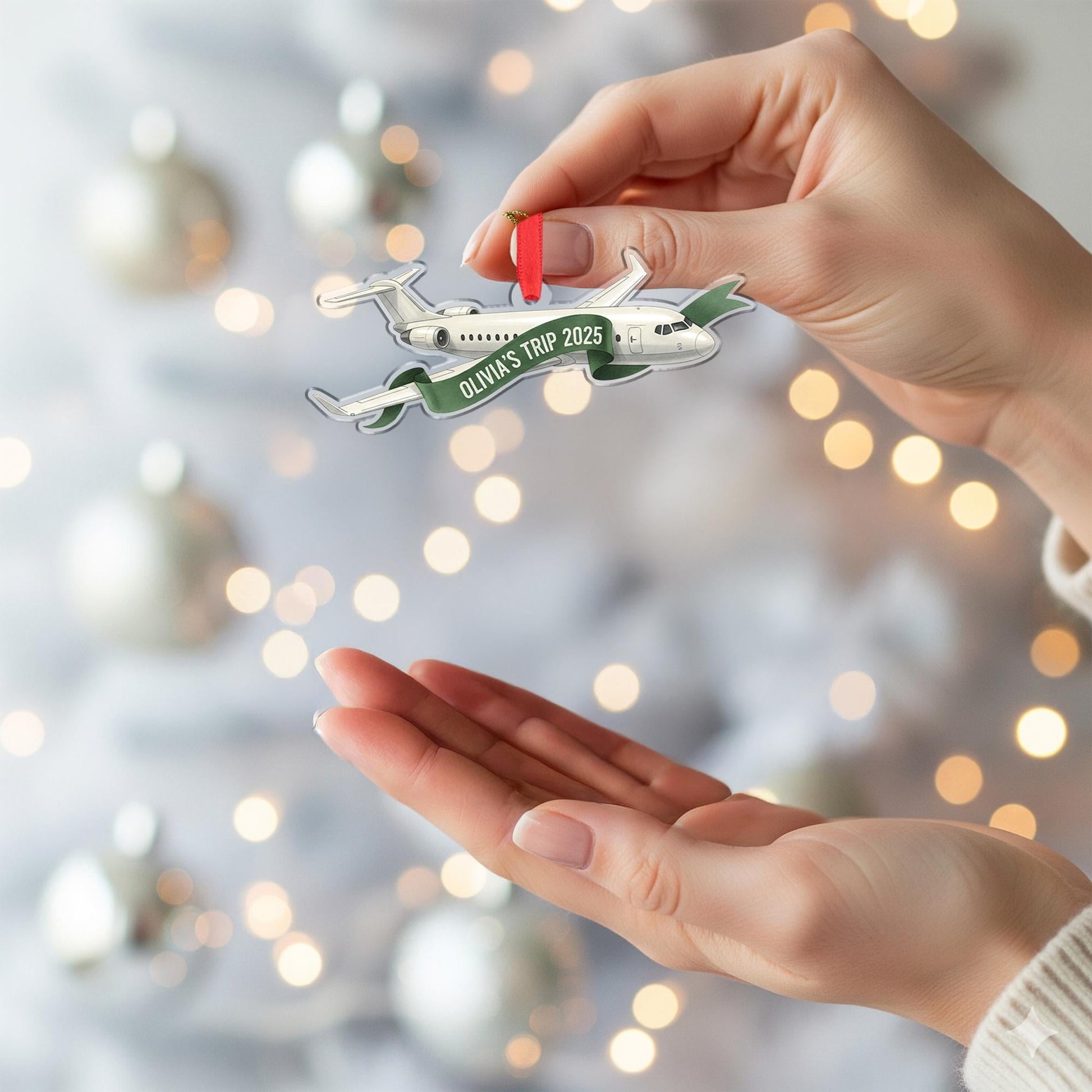 Personalized Airplane Ornament with Travel Banner, Custom Flight Trip Christmas Decoration