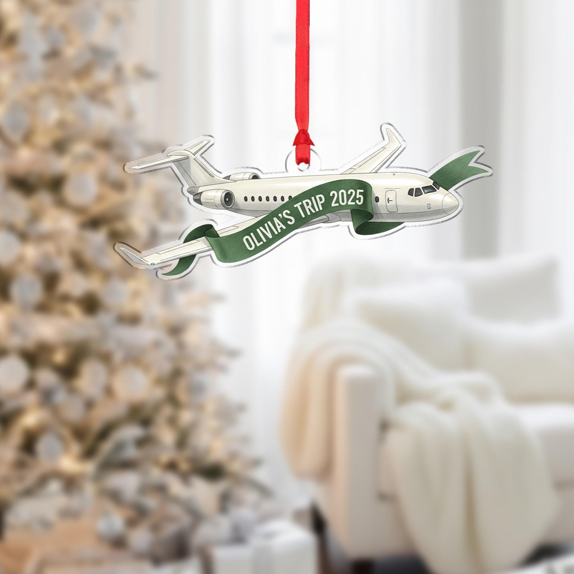 Personalized Airplane Ornament with Travel Banner, Custom Flight Trip Christmas Decoration