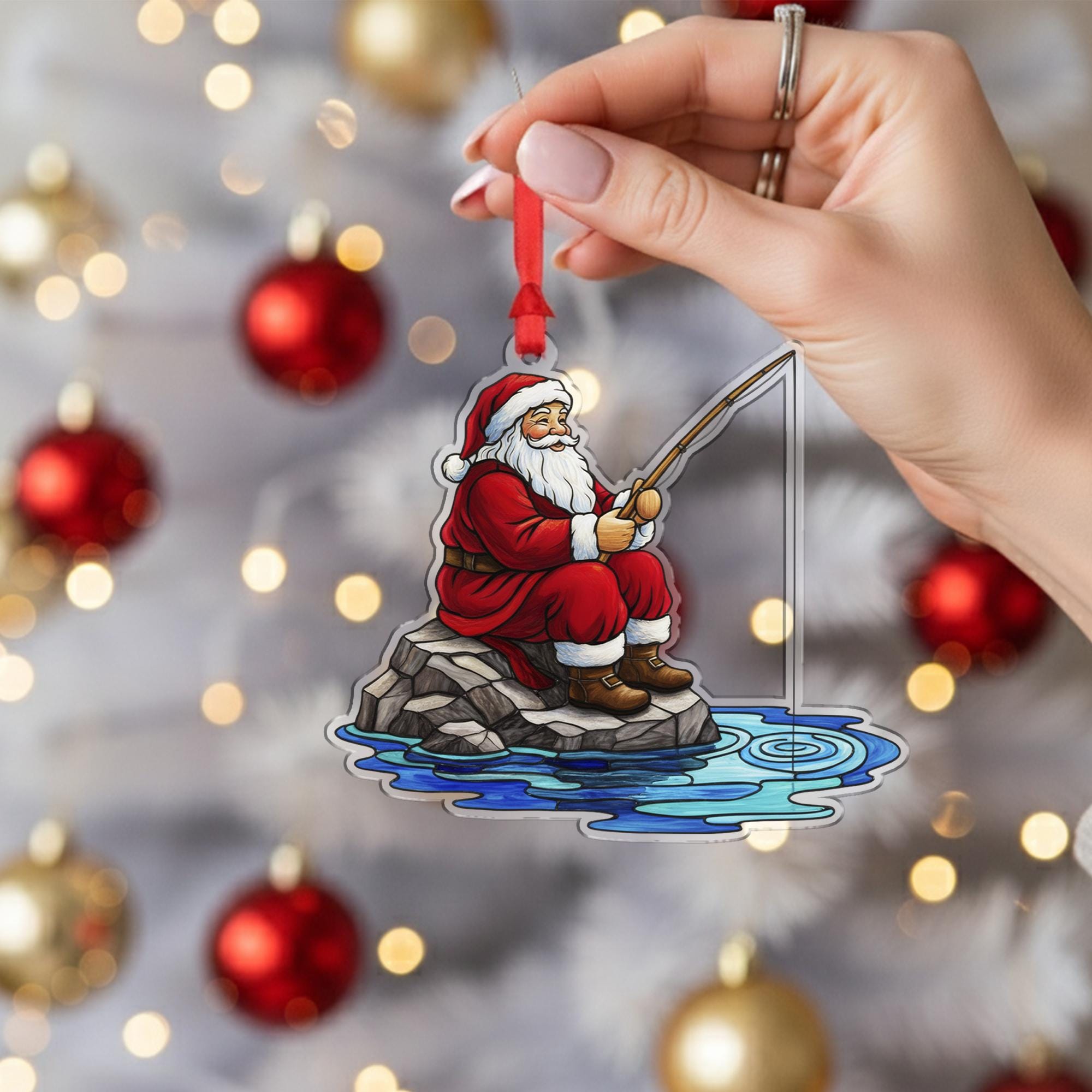 Santa Claus Ornament with Fishing Pole and Rock Scene, Holiday Water Theme Christmas Decoration