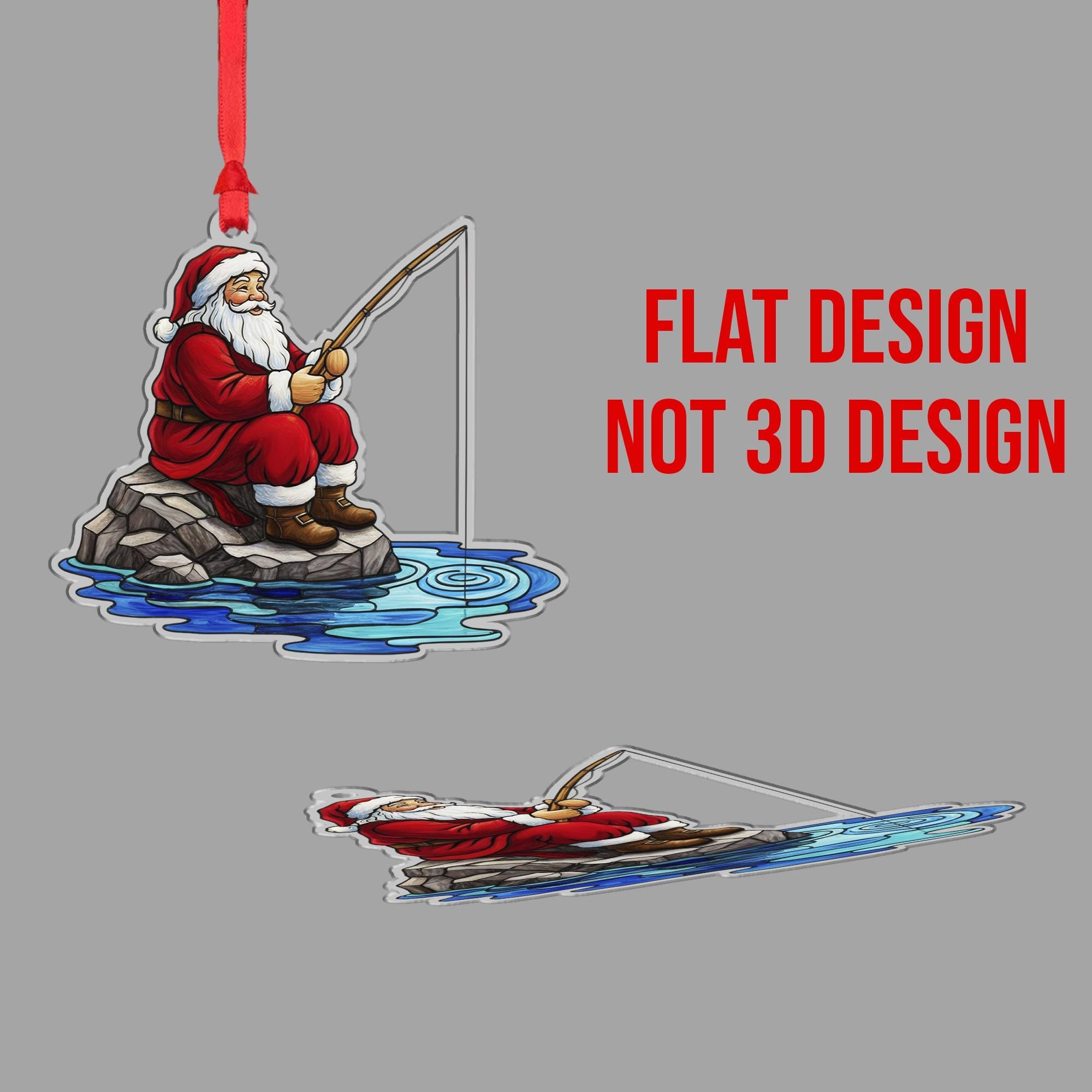Santa Claus Ornament with Fishing Pole and Rock Scene, Holiday Water Theme Christmas Decoration