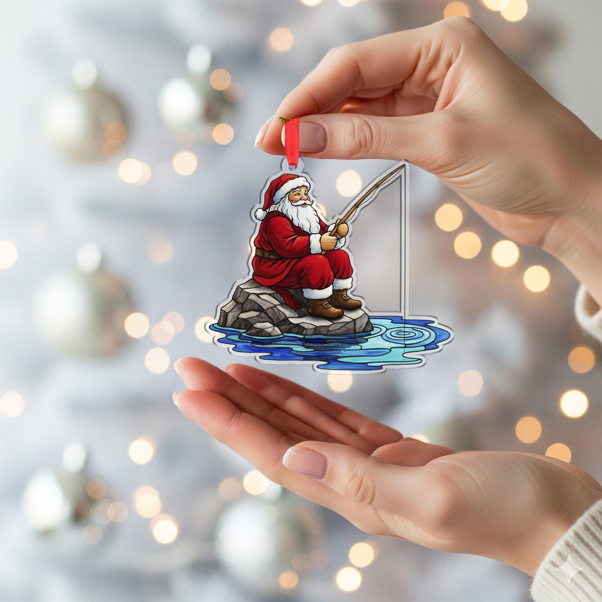 Santa Claus Ornament with Fishing Pole and Rock Scene, Holiday Water Theme Christmas Decoration