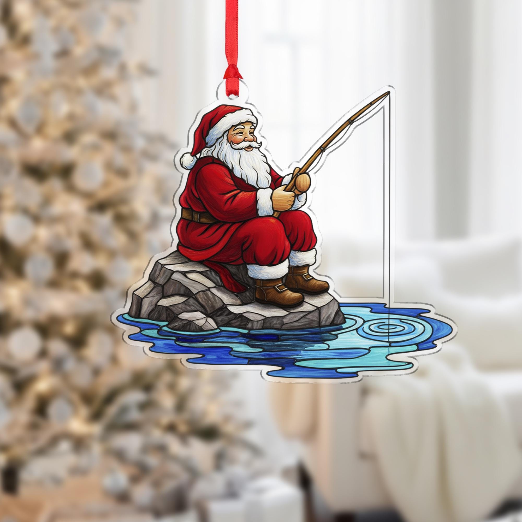 Santa Claus Ornament with Fishing Pole and Rock Scene, Holiday Water Theme Christmas Decoration