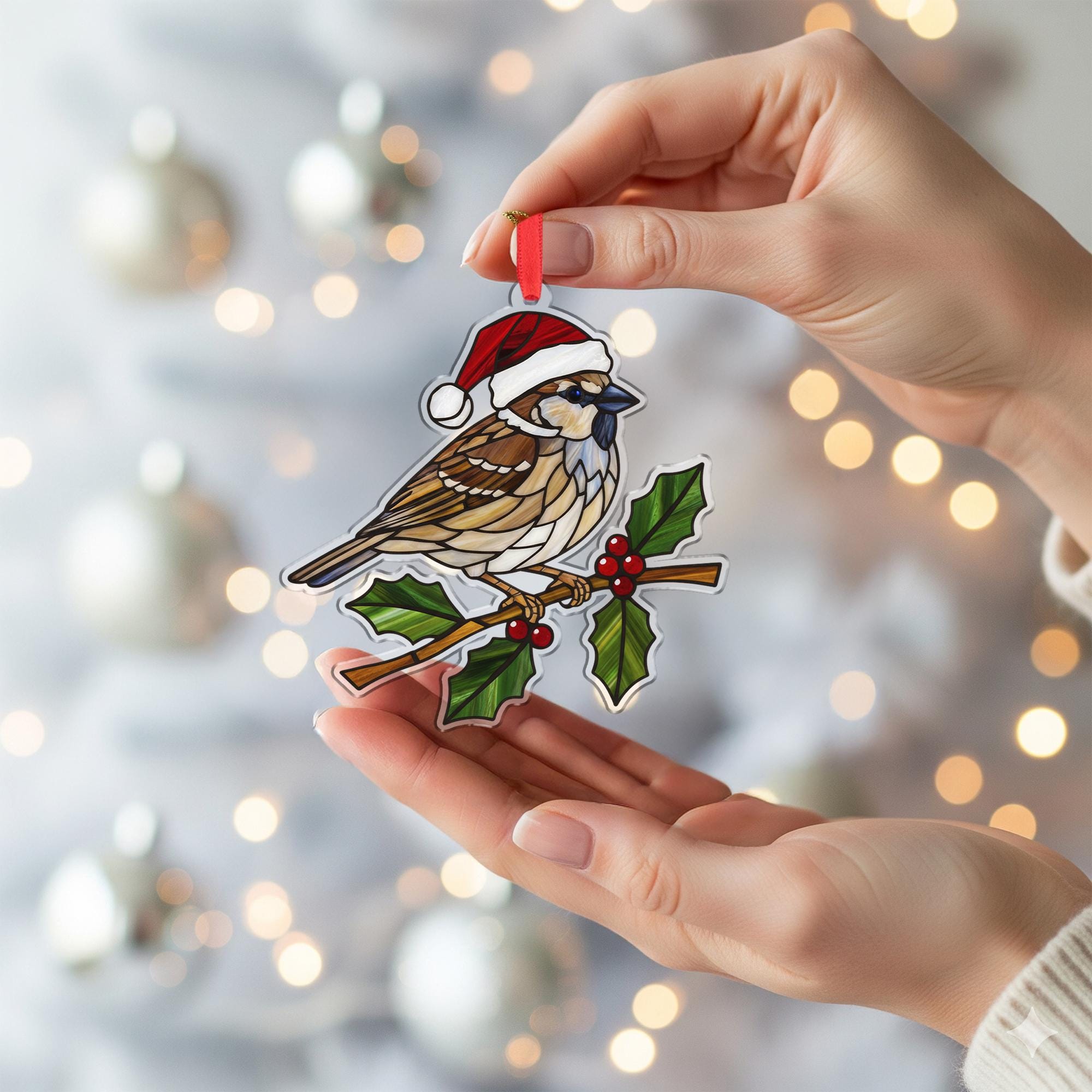 Bird Ornament with Santa Hat and Holly Branch, Sparrow Style Christmas Decoration