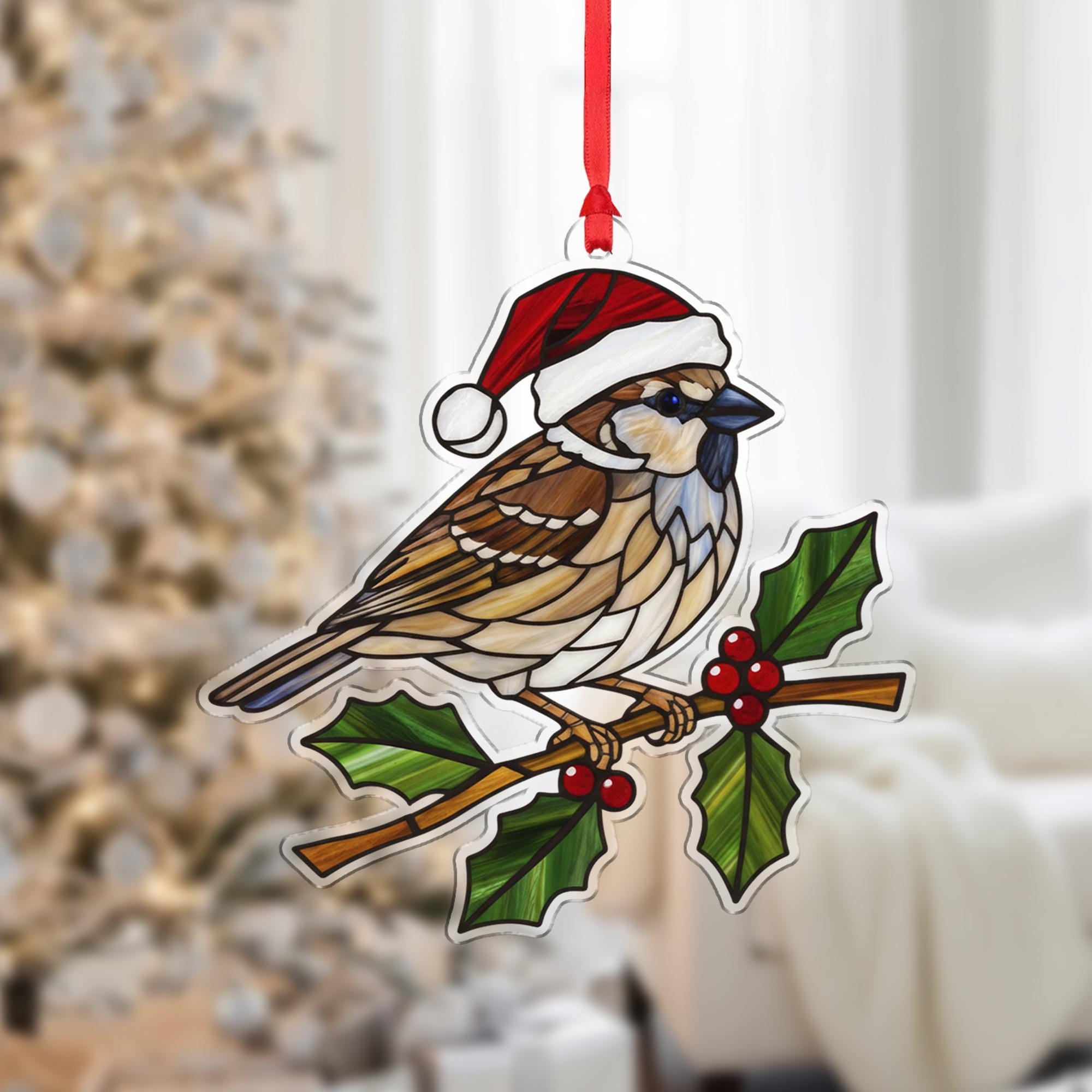 Bird Ornament with Santa Hat and Holly Branch, Sparrow Style Christmas Decoration