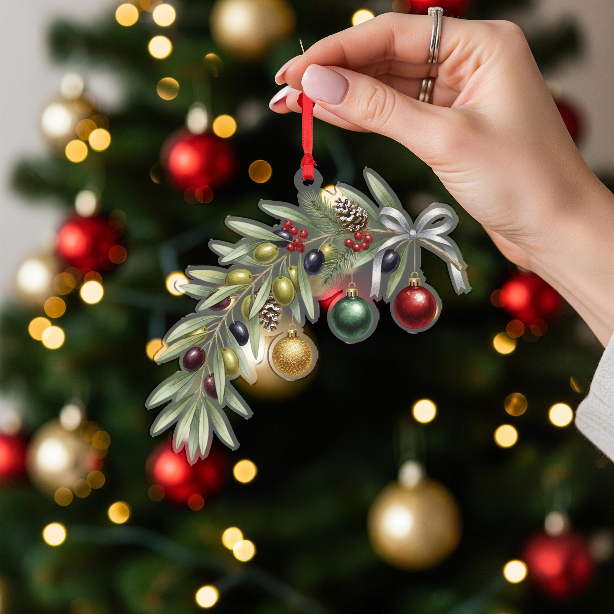 Olive Branch Ornament with Pinecones and Baubles, Botanical Christmas Decoration with Ribbon Detail